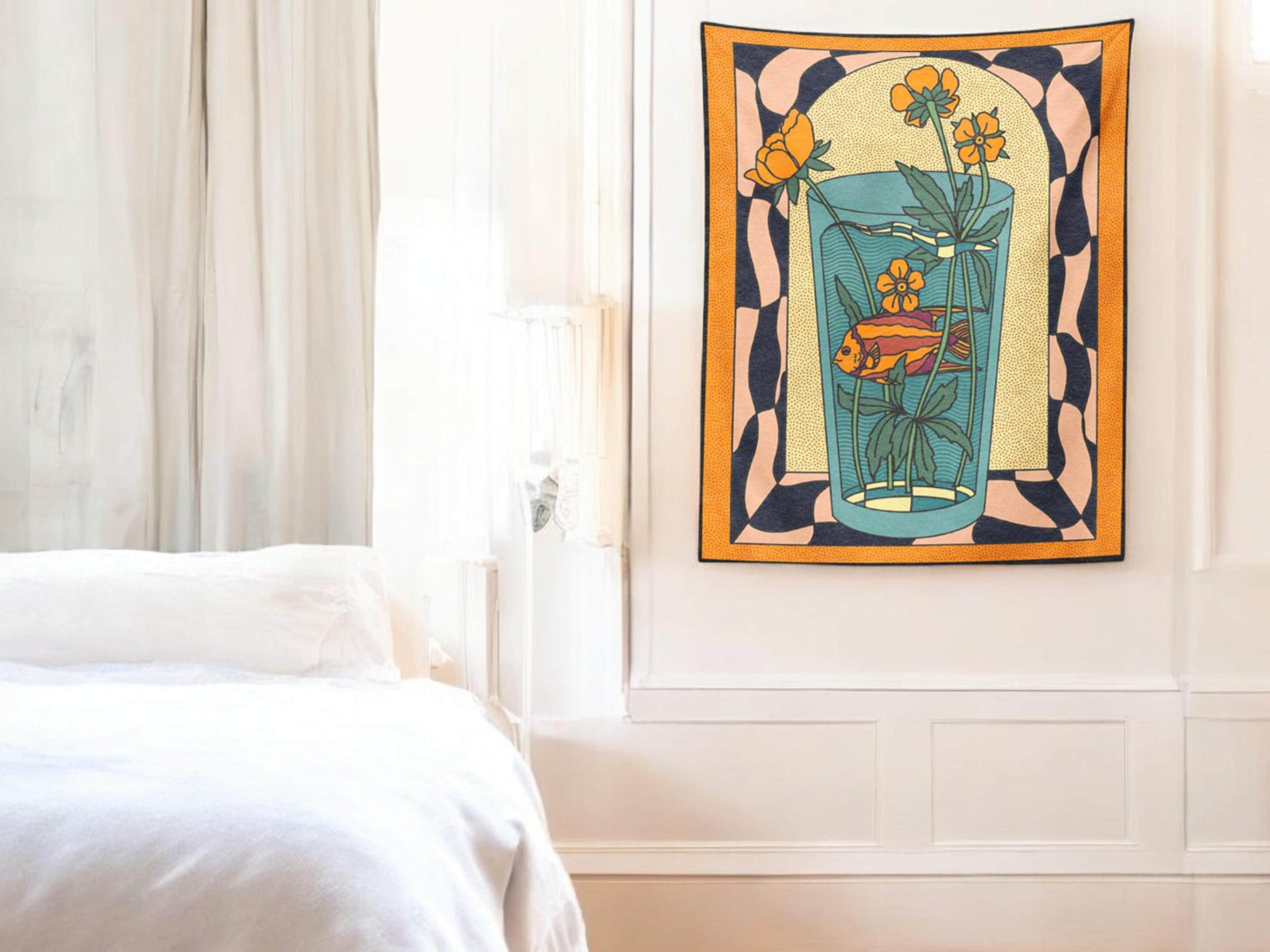 Goldfish Vase Floral Wall Art, Boho Tapestry Wall Hanging, Living Room Decor