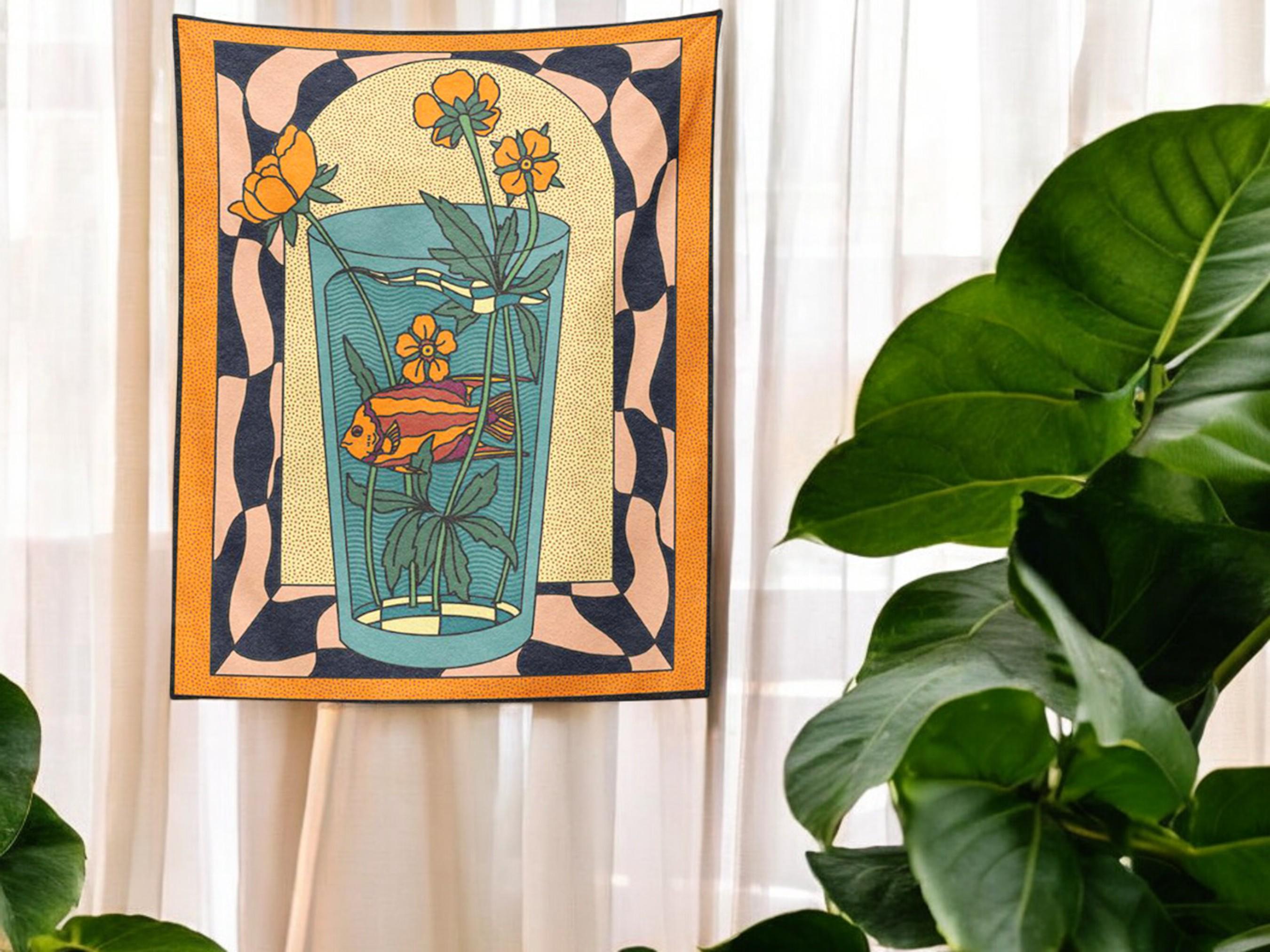 Goldfish Vase Floral Wall Art, Boho Tapestry Wall Hanging, Living Room Decor