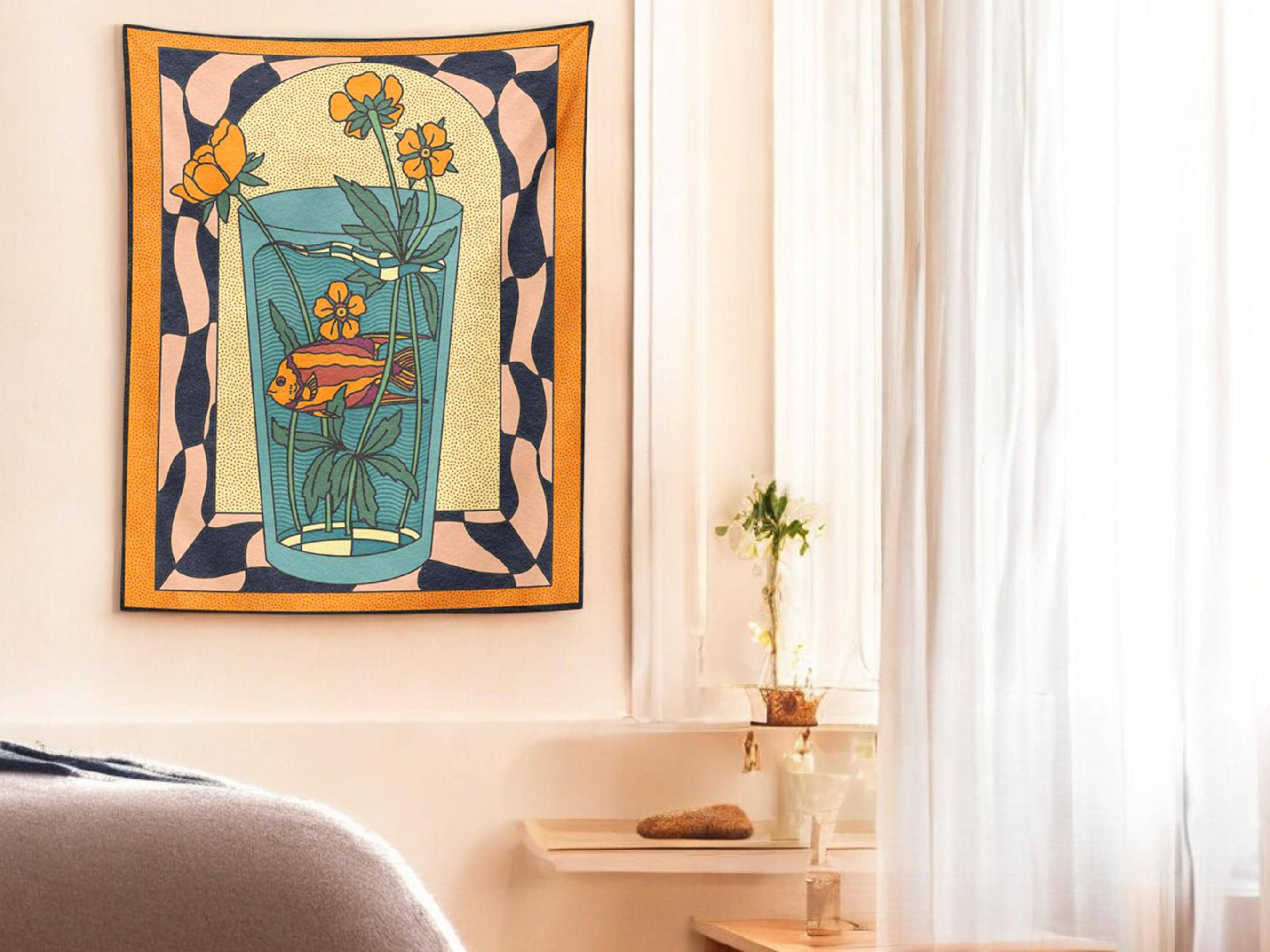 Goldfish Vase Floral Wall Art, Boho Tapestry Wall Hanging, Living Room Decor