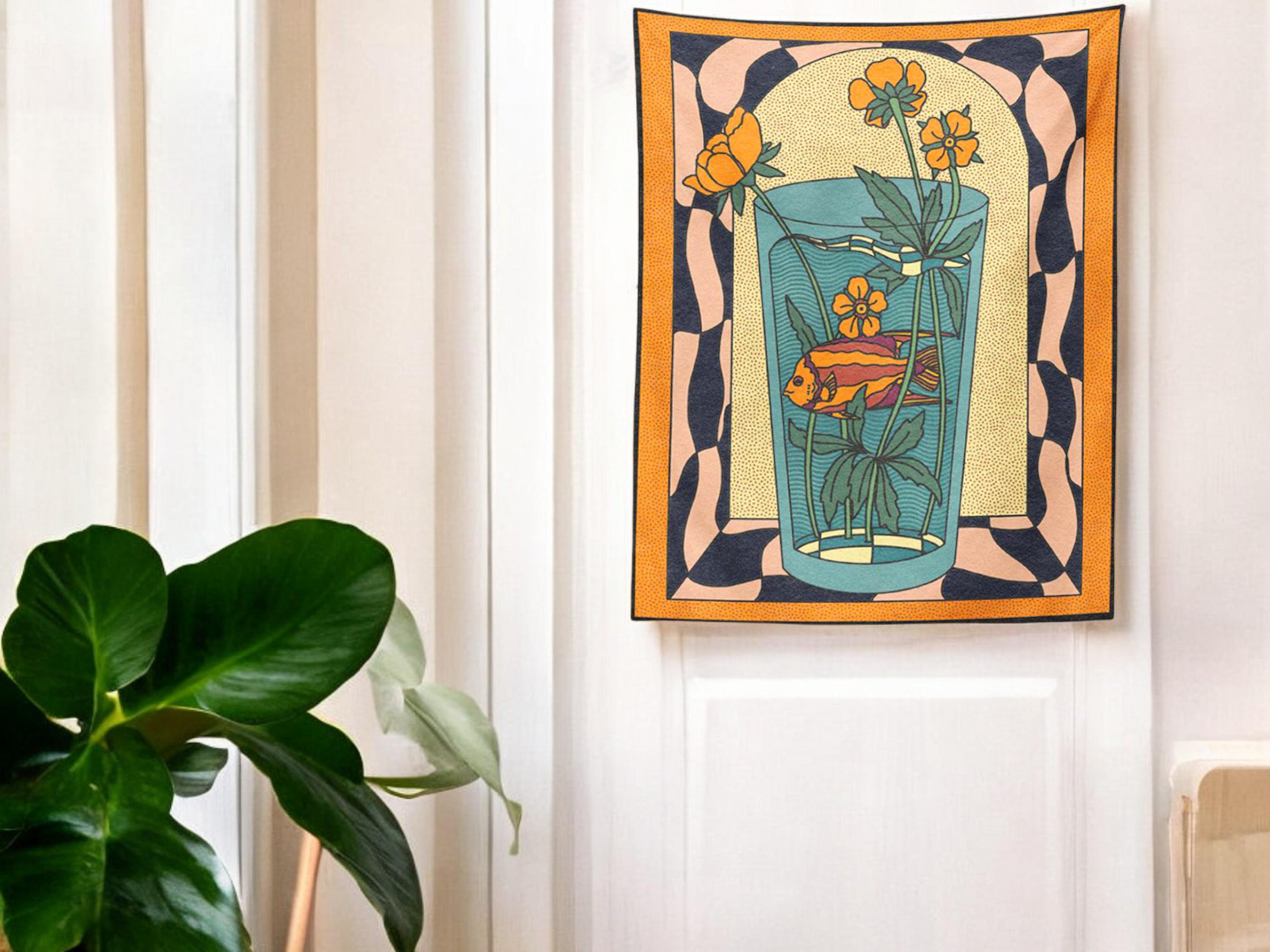 Goldfish Vase Floral Wall Art, Boho Tapestry Wall Hanging, Living Room Decor