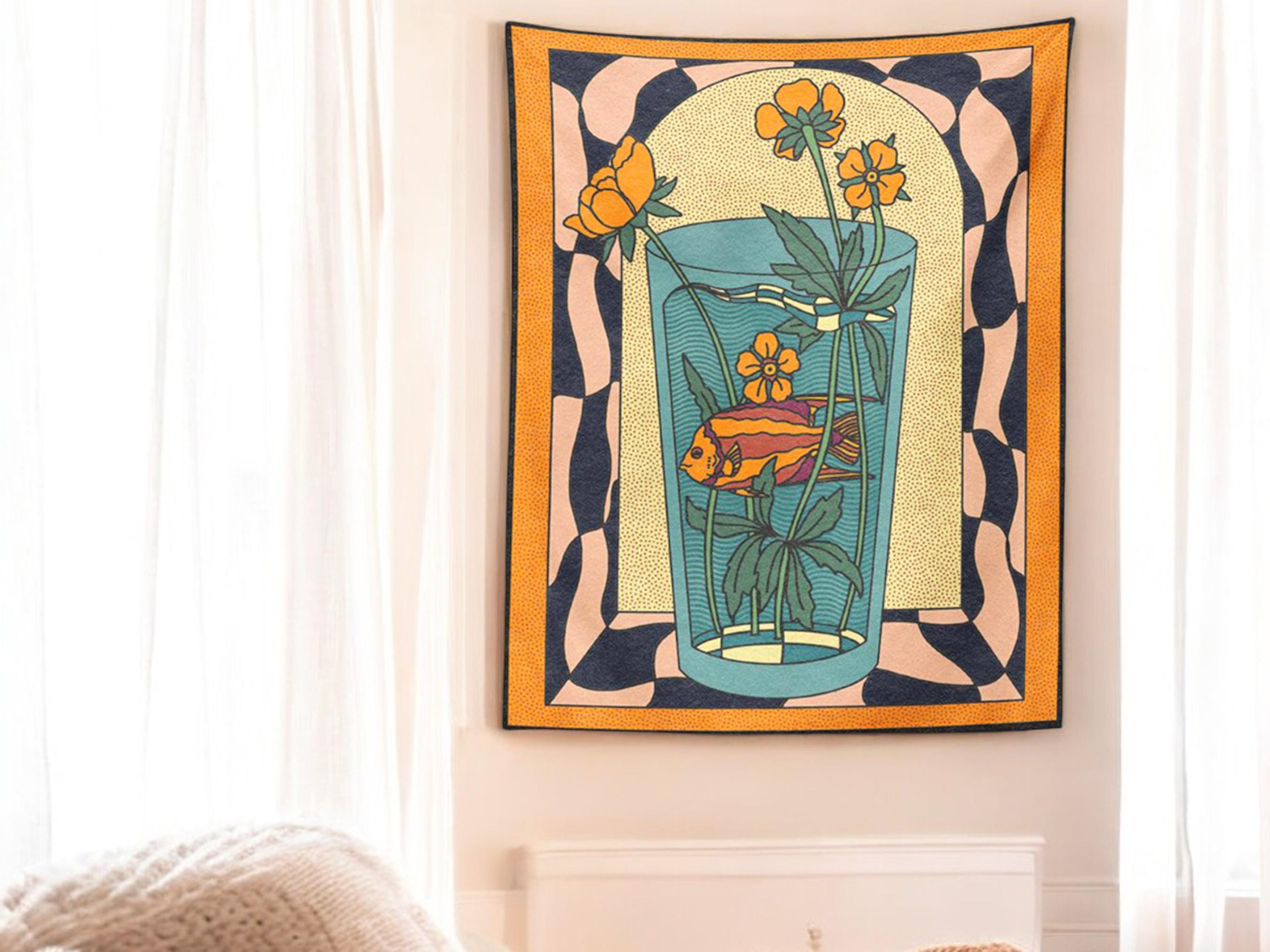 Goldfish Vase Floral Wall Art, Boho Tapestry Wall Hanging, Living Room Decor