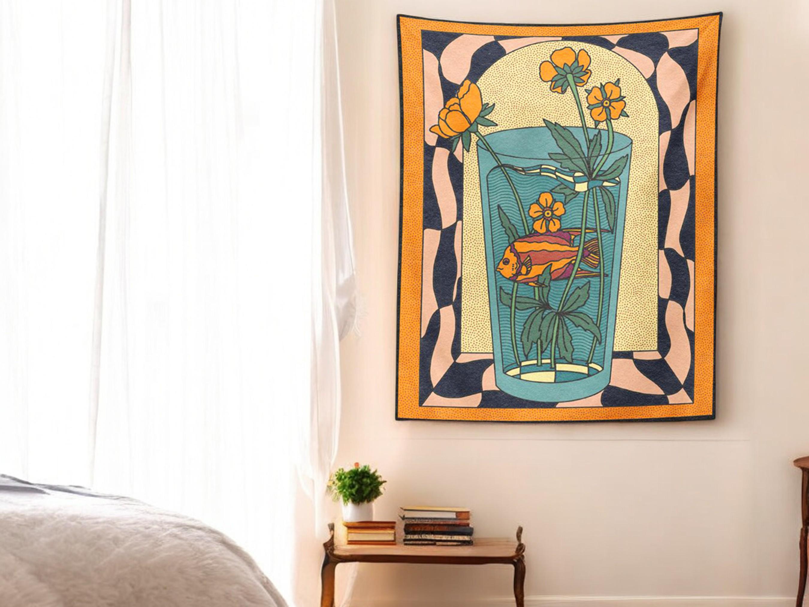 Goldfish Vase Floral Wall Art, Boho Tapestry Wall Hanging, Living Room Decor