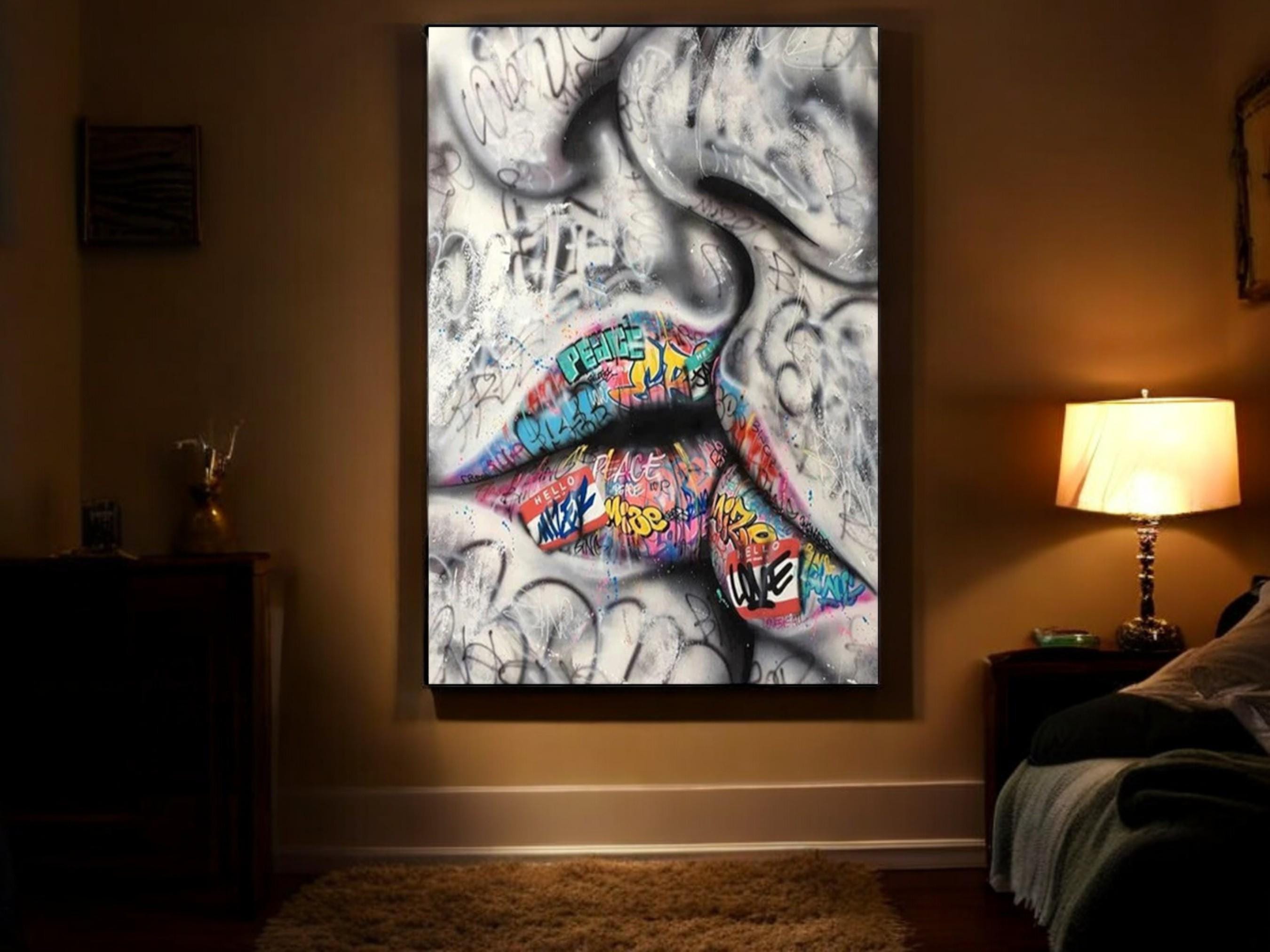 Banksy Lips Canvas Art, Pop Graffiti Wall Decor, Bold Lip Painting for Living Room