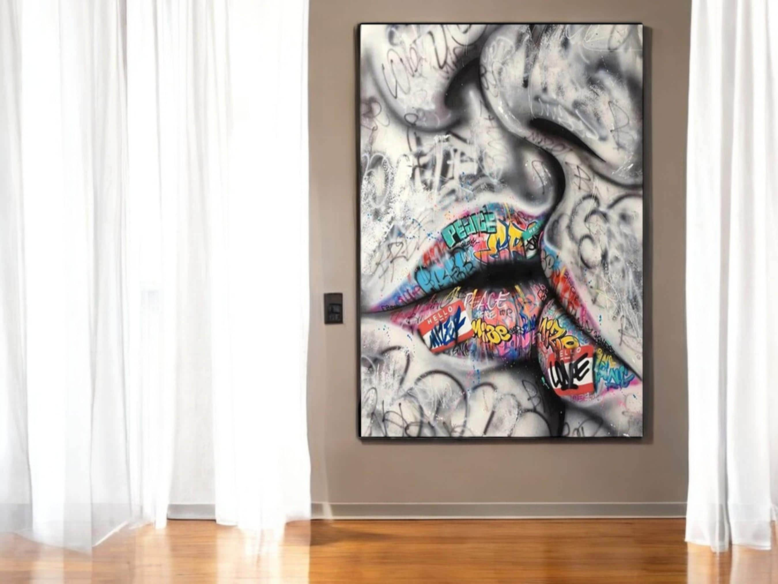 Banksy Lips Canvas Art, Pop Graffiti Wall Decor, Bold Lip Painting for Living Room