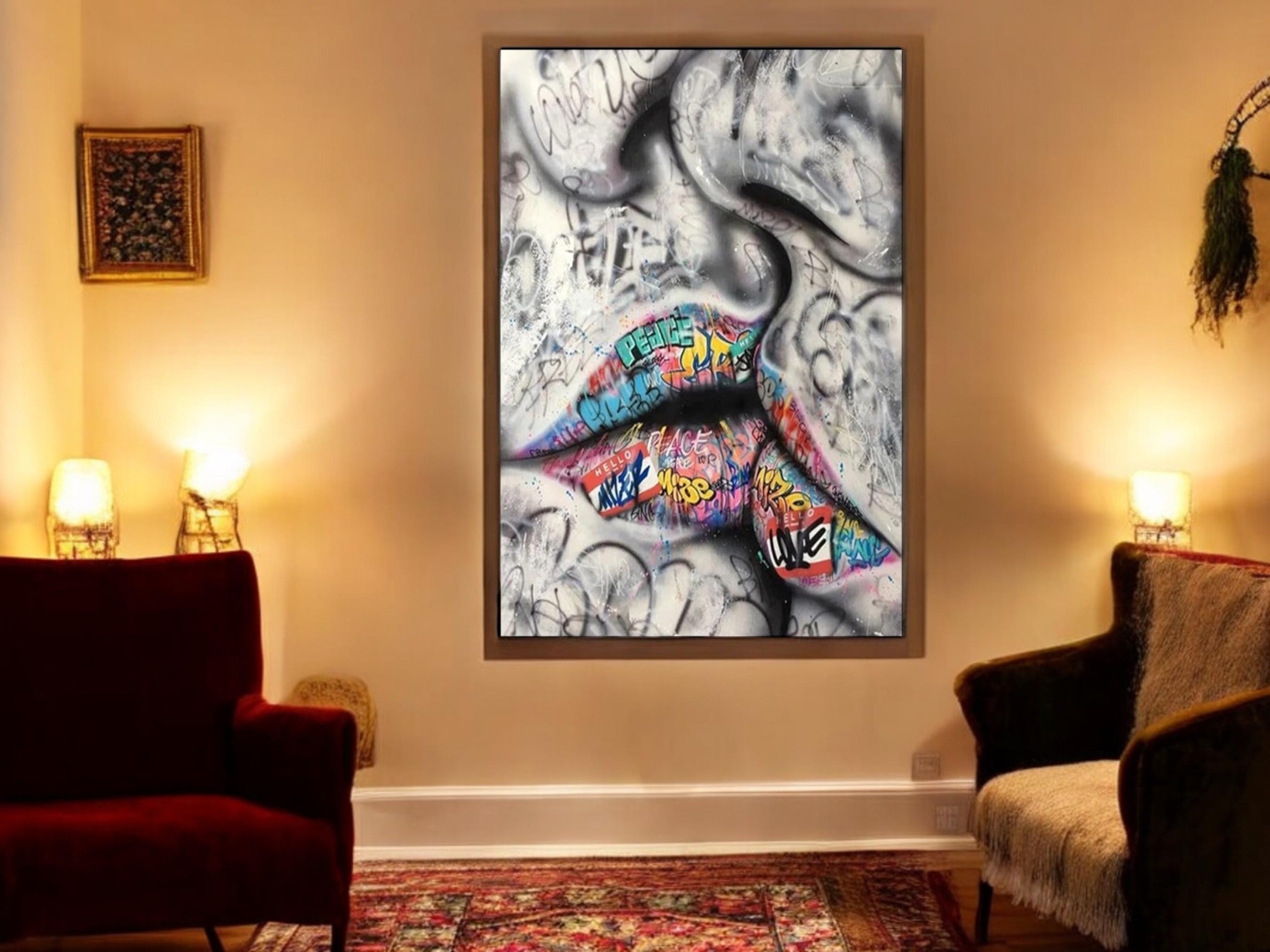 Banksy Lips Canvas Art, Pop Graffiti Wall Decor, Bold Lip Painting for Living Room