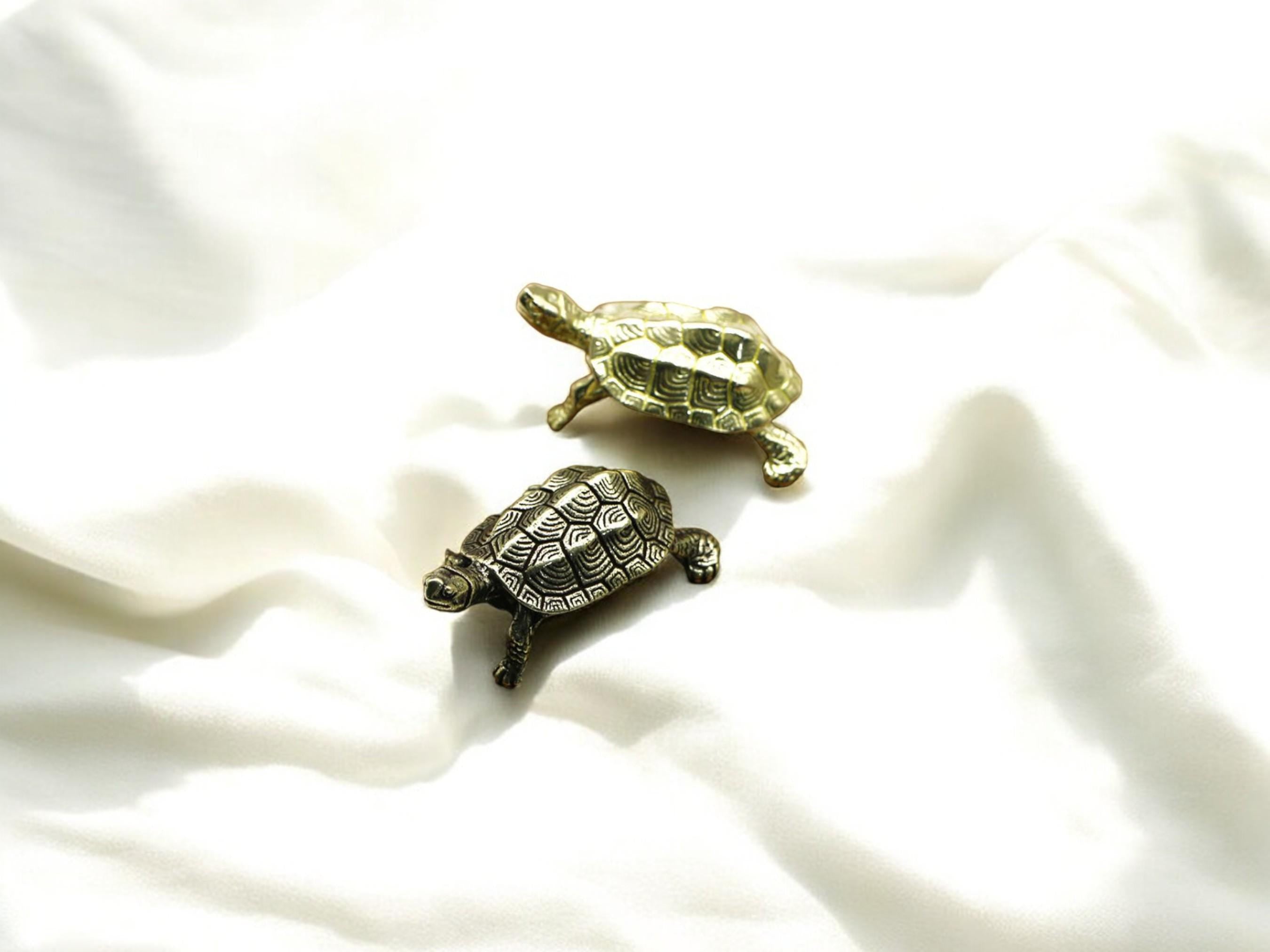 Antique Brass Turtle Figurine, Vintage Miniature Tortoise Statue, Lucky Feng Shui Office Decor