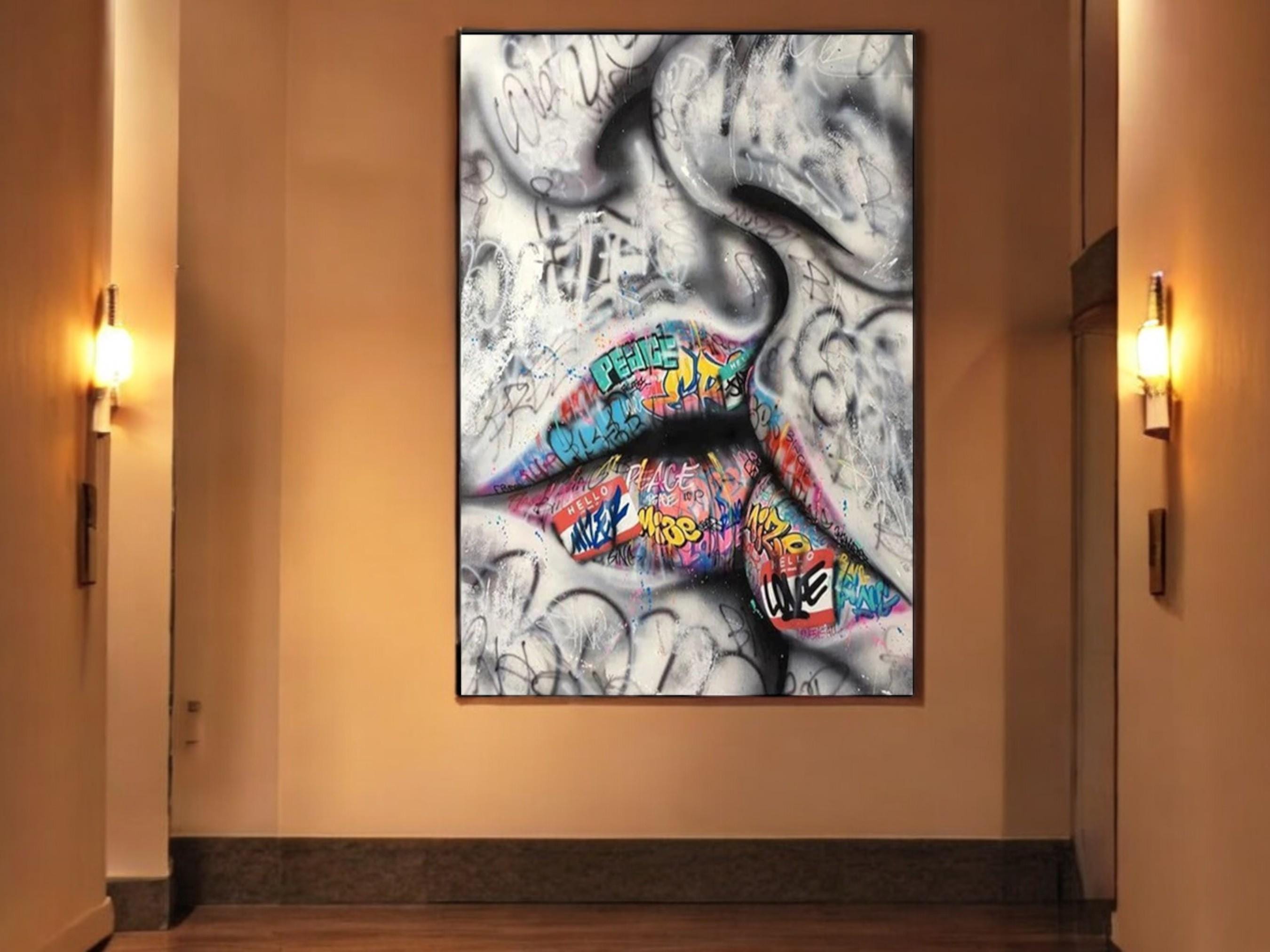 Banksy Lips Canvas Art, Pop Graffiti Wall Decor, Bold Lip Painting for Living Room