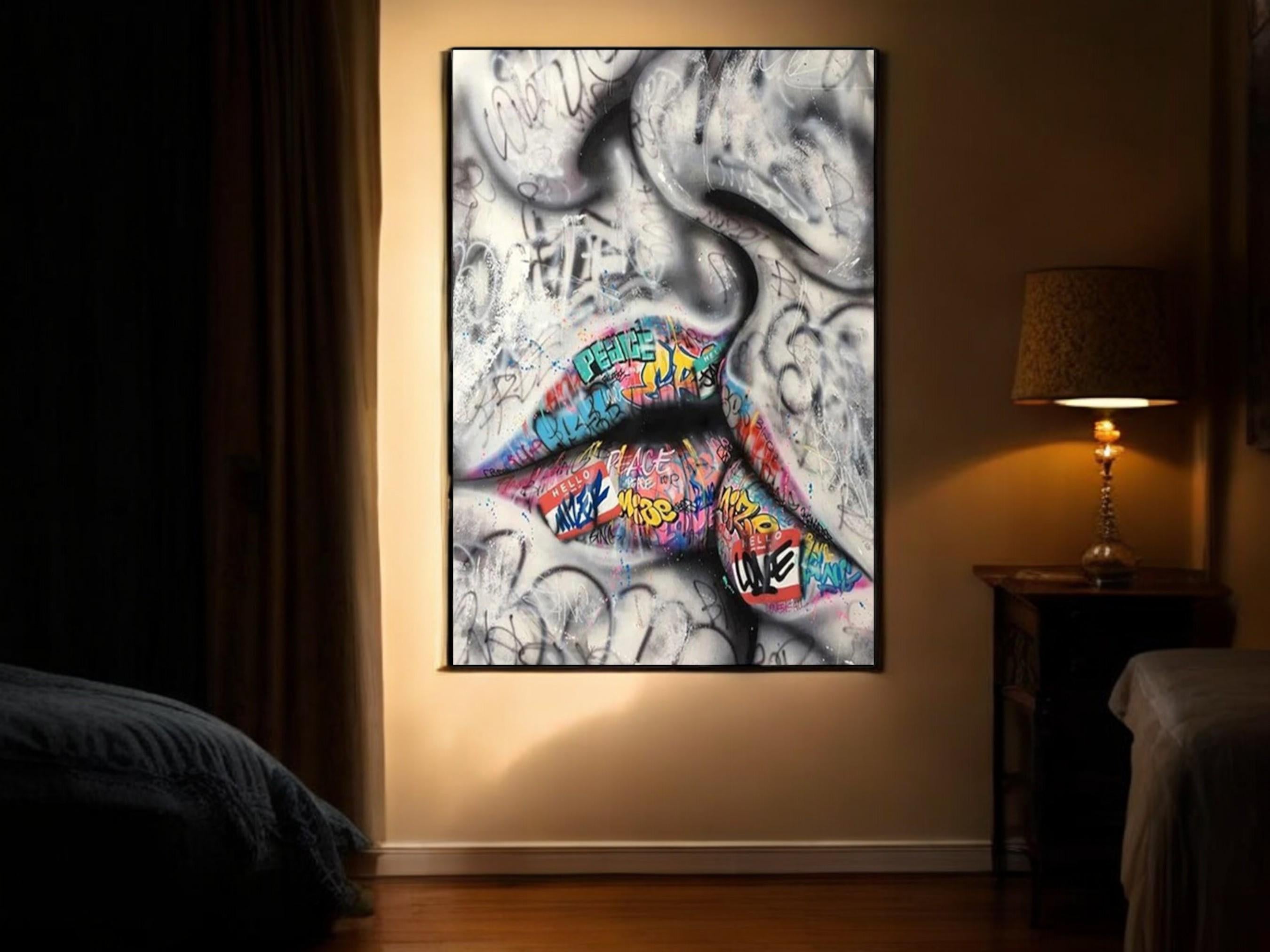 Banksy Lips Canvas Art, Pop Graffiti Wall Decor, Bold Lip Painting for Living Room