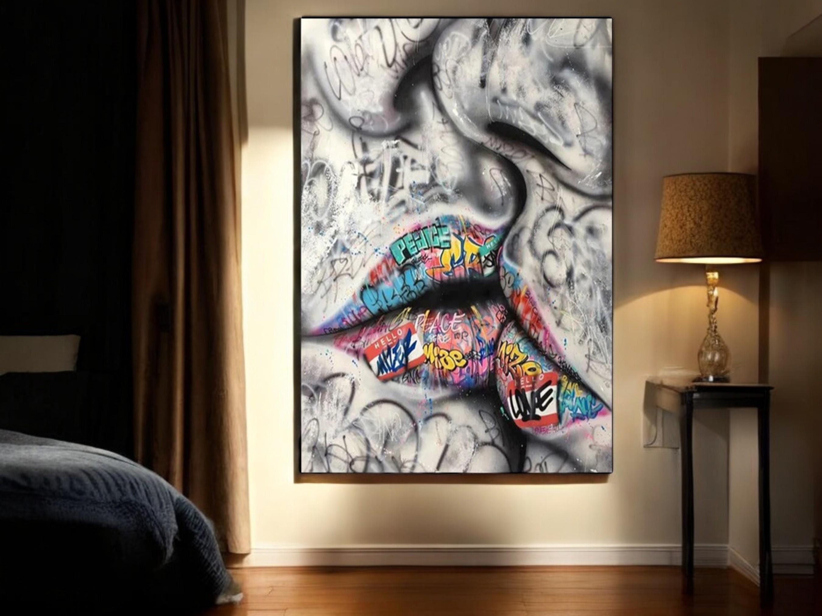 Banksy Lips Canvas Art, Pop Graffiti Wall Decor, Bold Lip Painting for Living Room