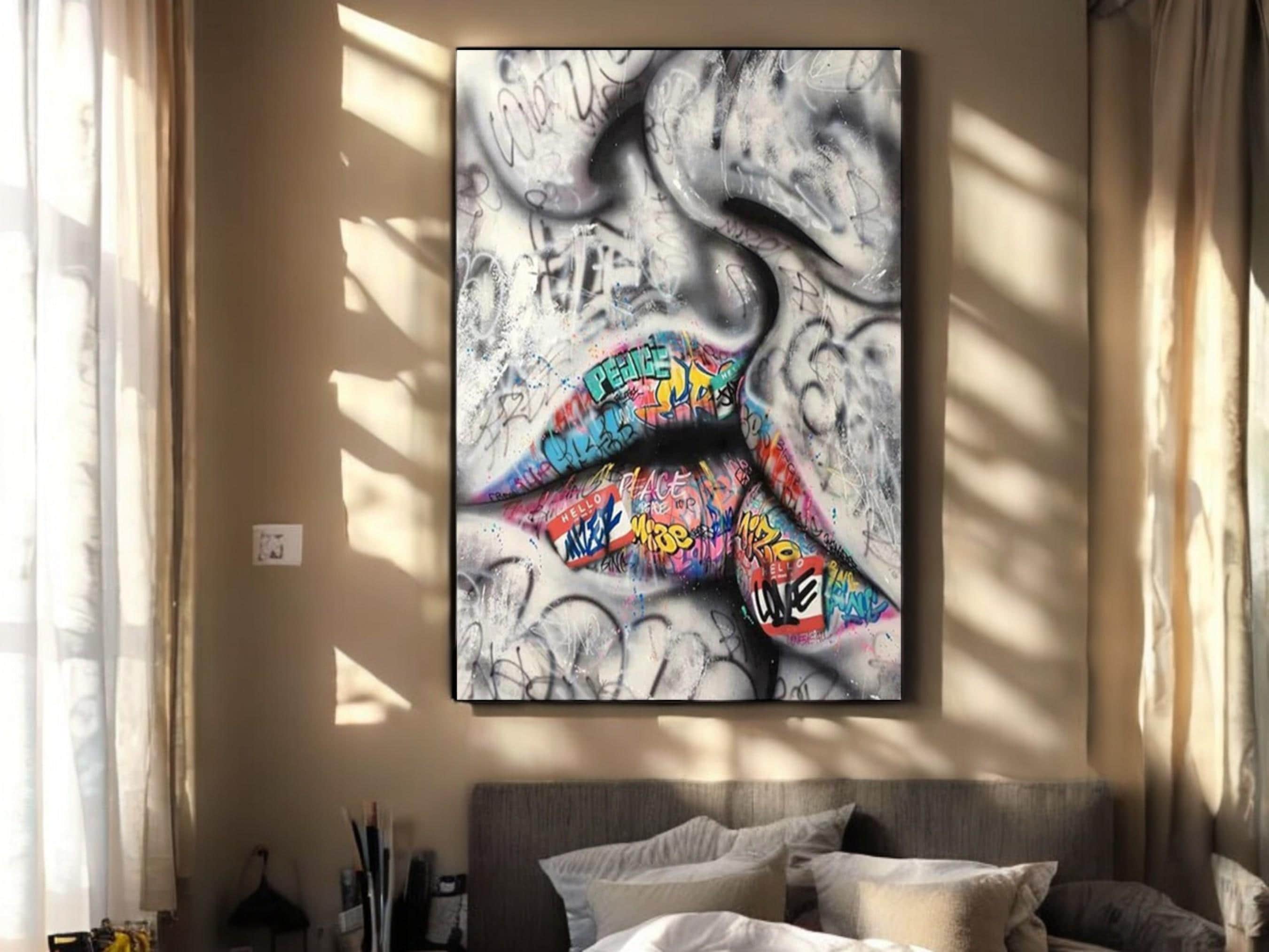 Banksy Lips Canvas Art, Pop Graffiti Wall Decor, Bold Lip Painting for Living Room