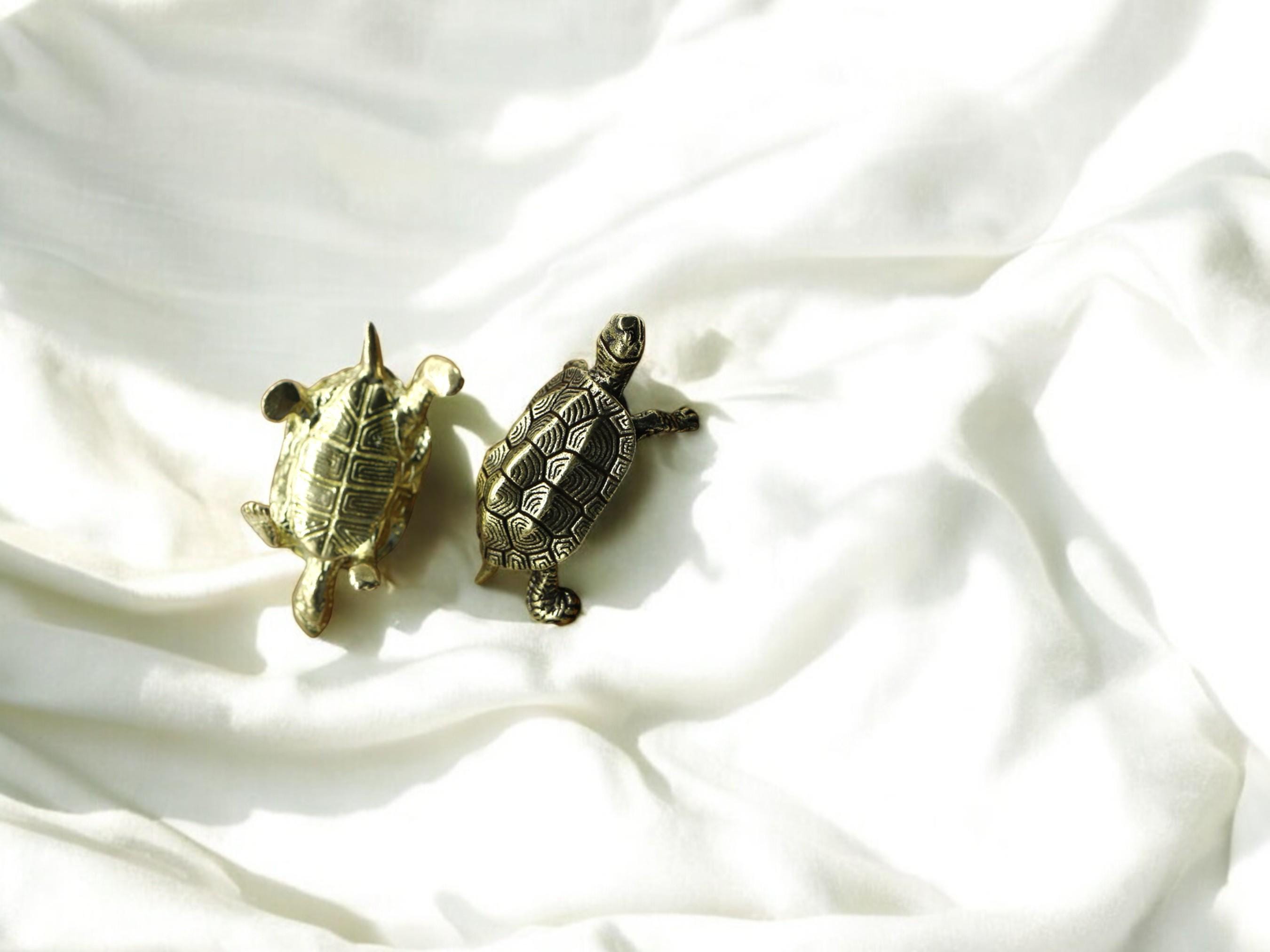 Antique Brass Turtle Figurine, Vintage Miniature Tortoise Statue, Lucky Feng Shui Office Decor