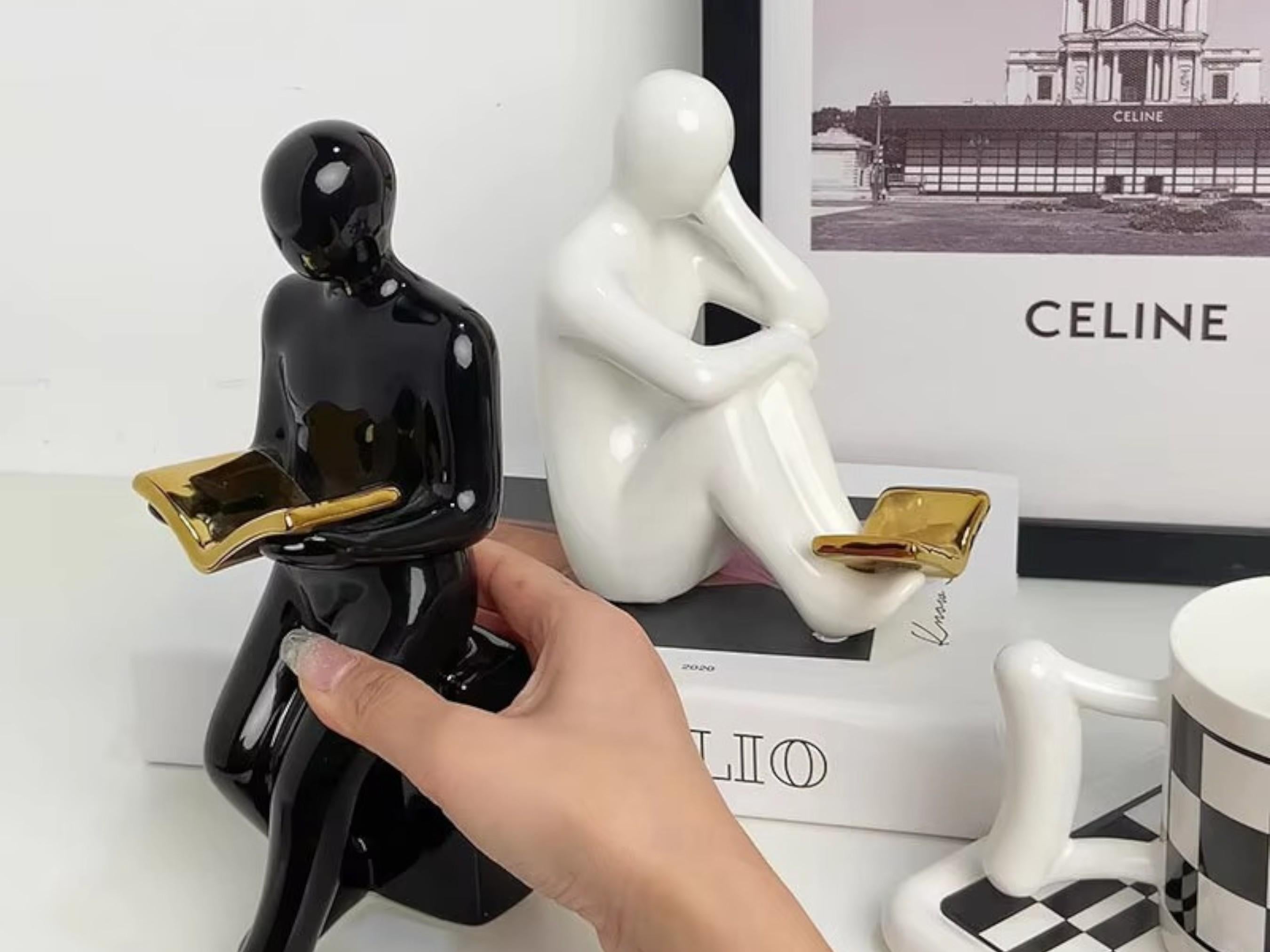 Modern Ceramic Bookends, Reader Figurine Sculpture, Minimalist Home Office Decor