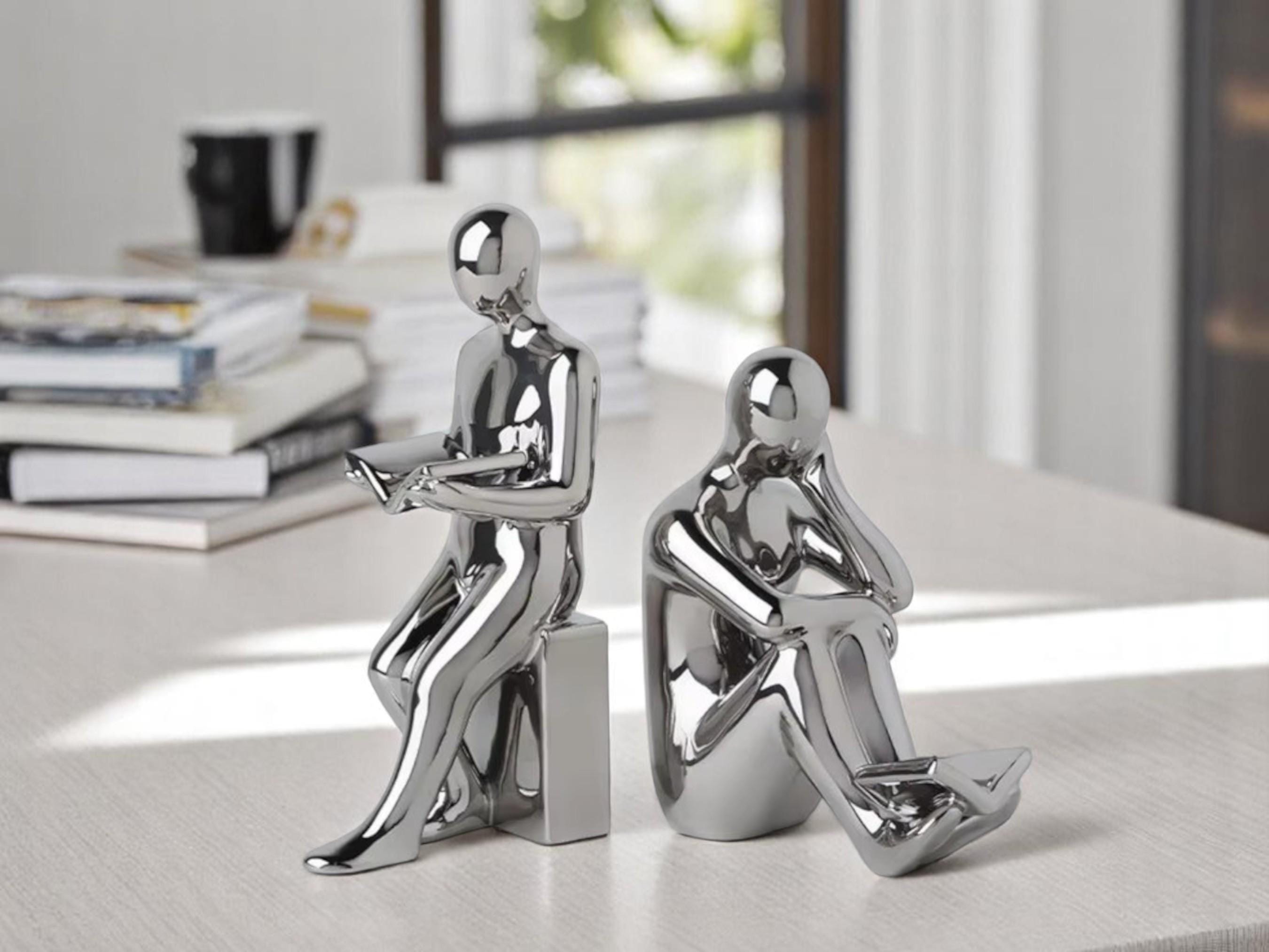 Modern Ceramic Bookends, Reader Figurine Sculpture, Minimalist Home Office Decor
