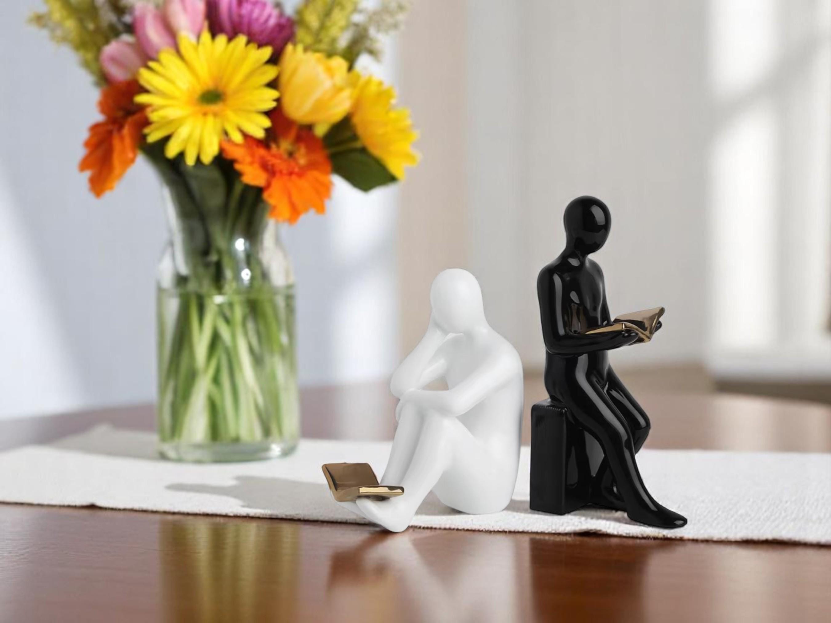 Modern Ceramic Bookends, Reader Figurine Sculpture, Minimalist Home Office Decor