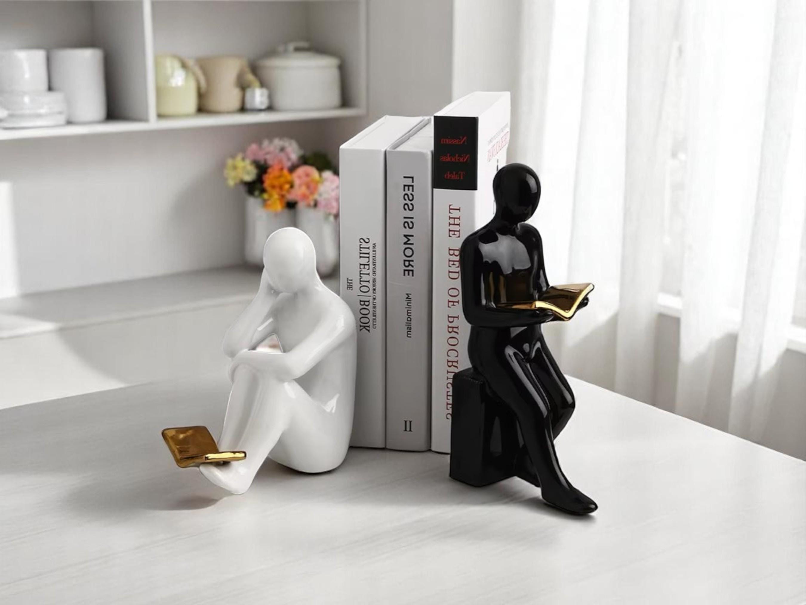 Modern Ceramic Bookends, Reader Figurine Sculpture, Minimalist Home Office Decor