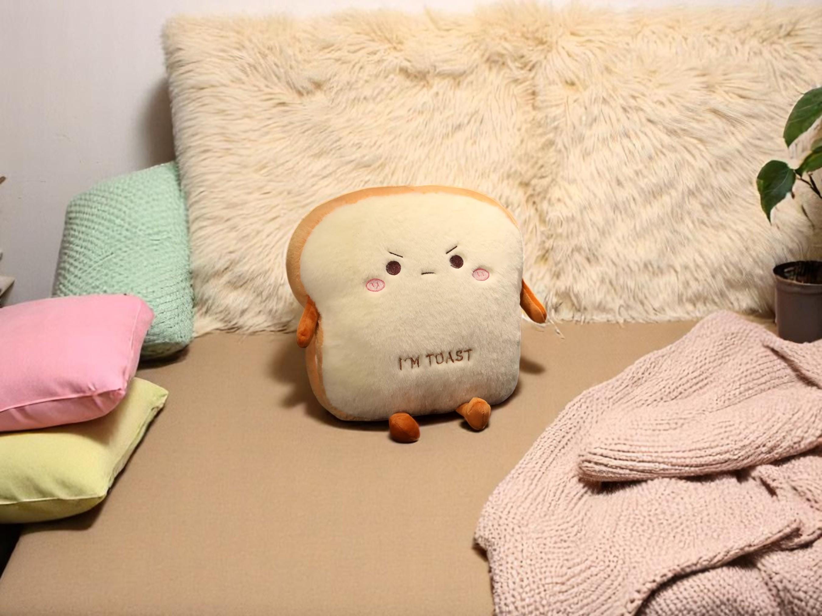 Kawaii Toast Plush Pillow, Stuffed Food Cushion, Hand Warmer Pocket, Toy Gift for Kids