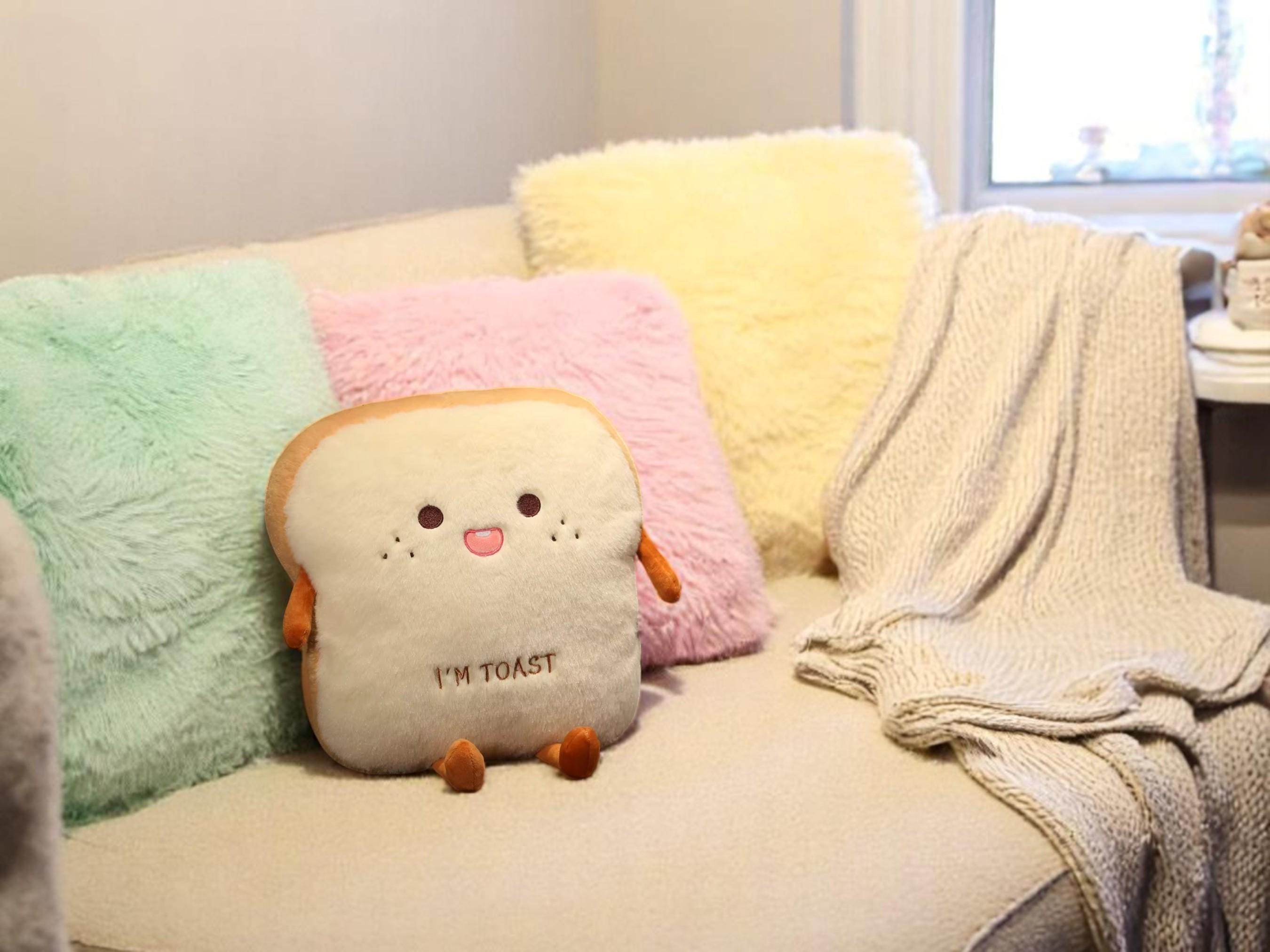 Kawaii Toast Plush Pillow, Stuffed Food Cushion, Hand Warmer Pocket, Toy Gift for Kids