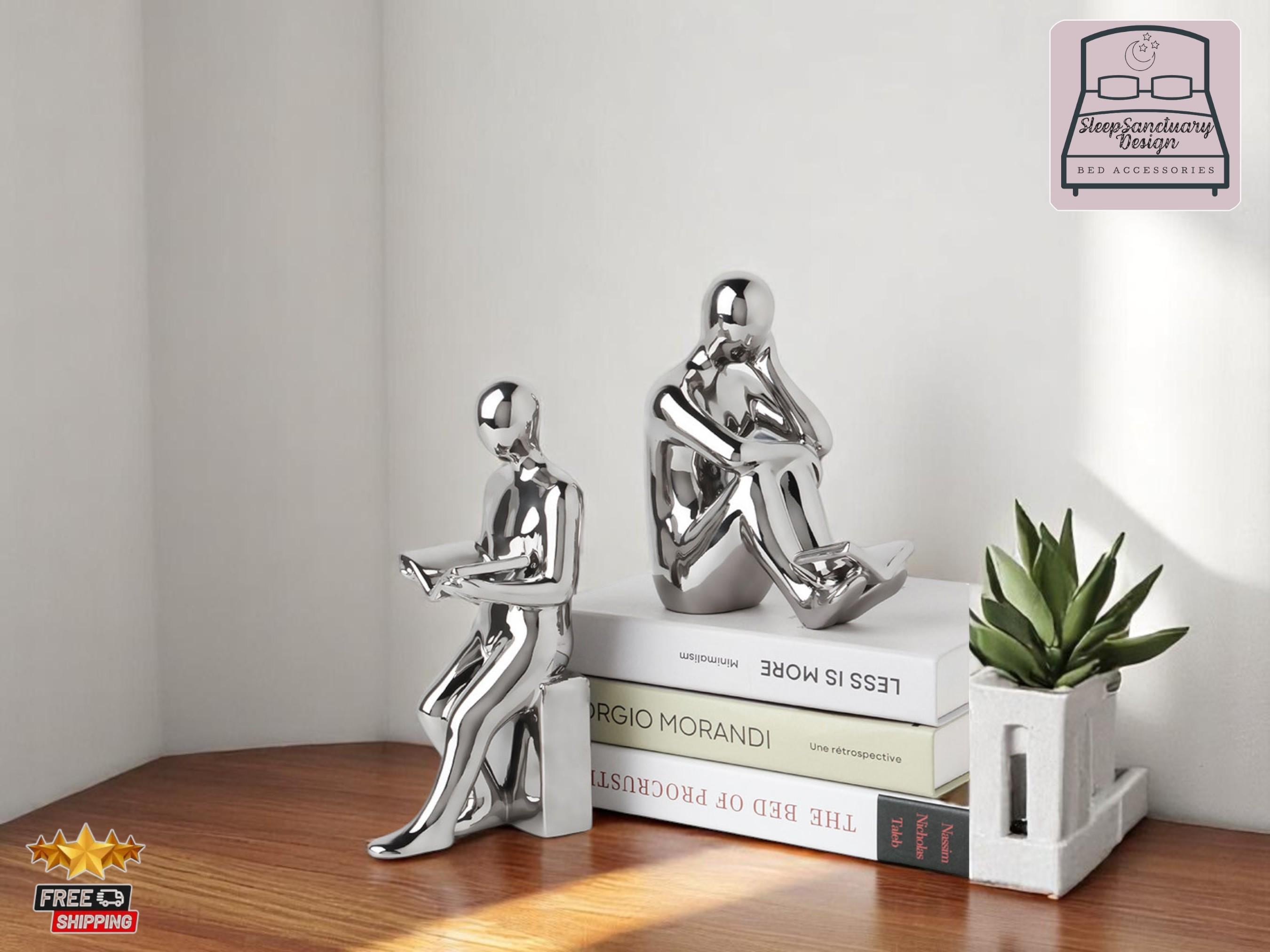 Modern Ceramic Bookends, Reader Figurine Sculpture, Minimalist Home Office Decor