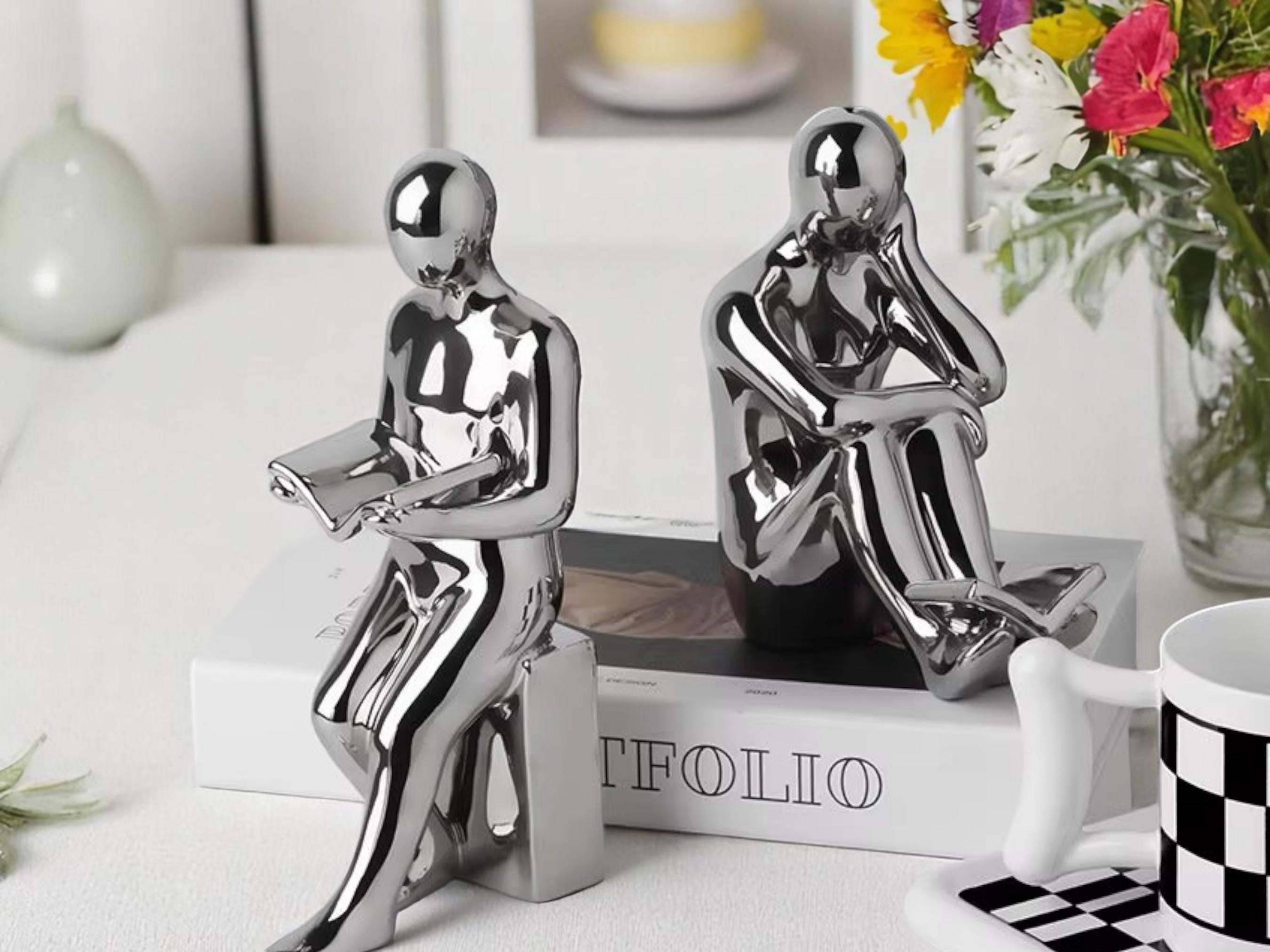 Modern Ceramic Bookends, Reader Figurine Sculpture, Minimalist Home Office Decor