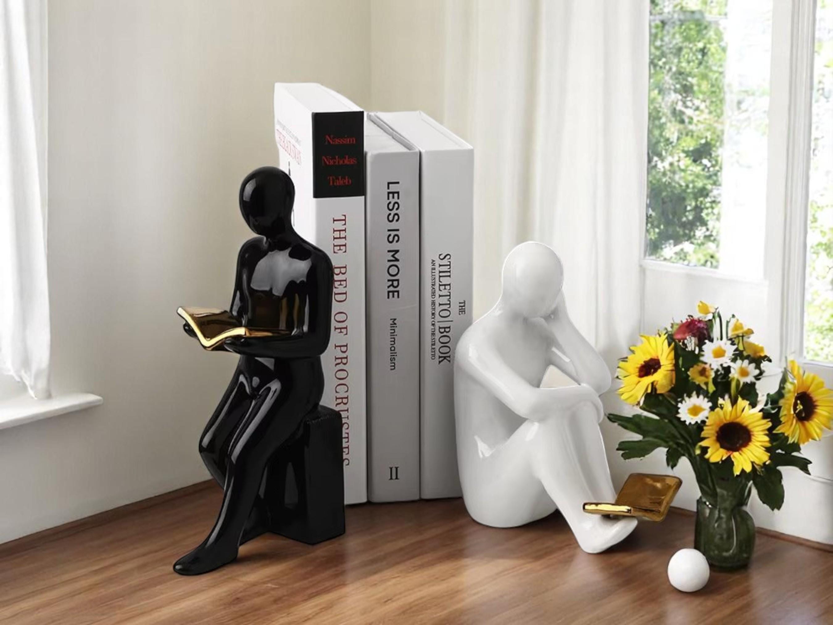 Modern Ceramic Bookends, Reader Figurine Sculpture, Minimalist Home Office Decor