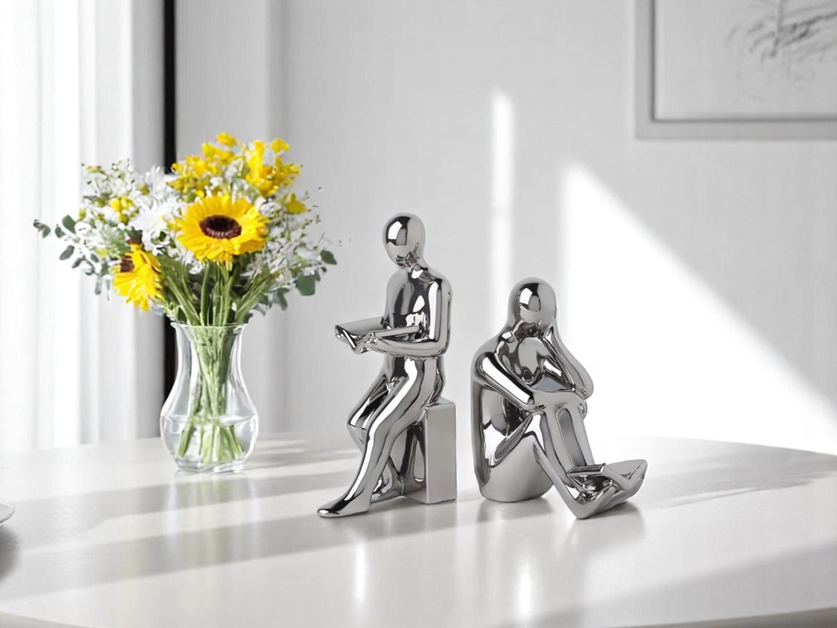 Modern Ceramic Bookends, Reader Figurine Sculpture, Minimalist Home Office Decor