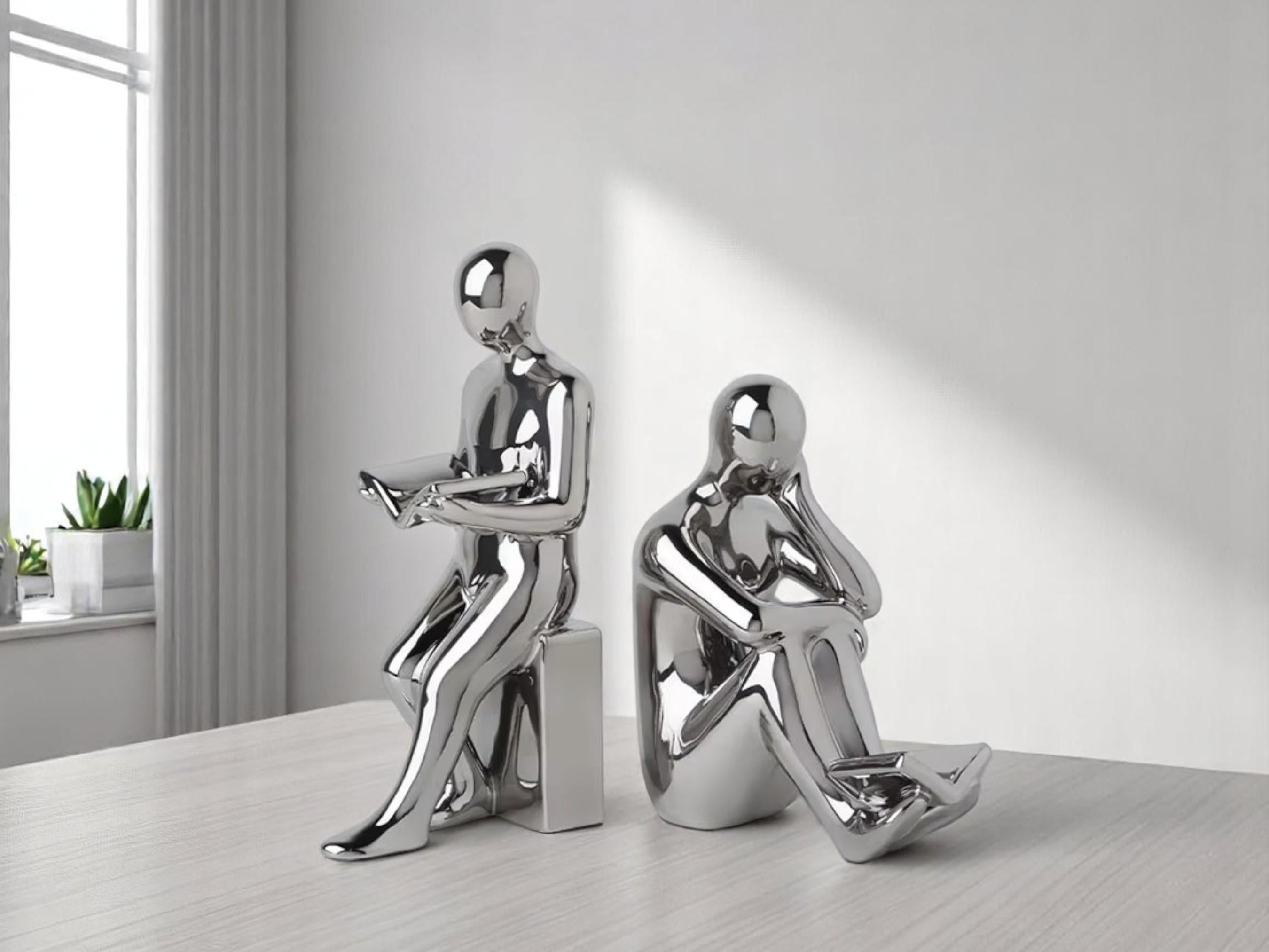 Modern Ceramic Bookends, Reader Figurine Sculpture, Minimalist Home Office Decor