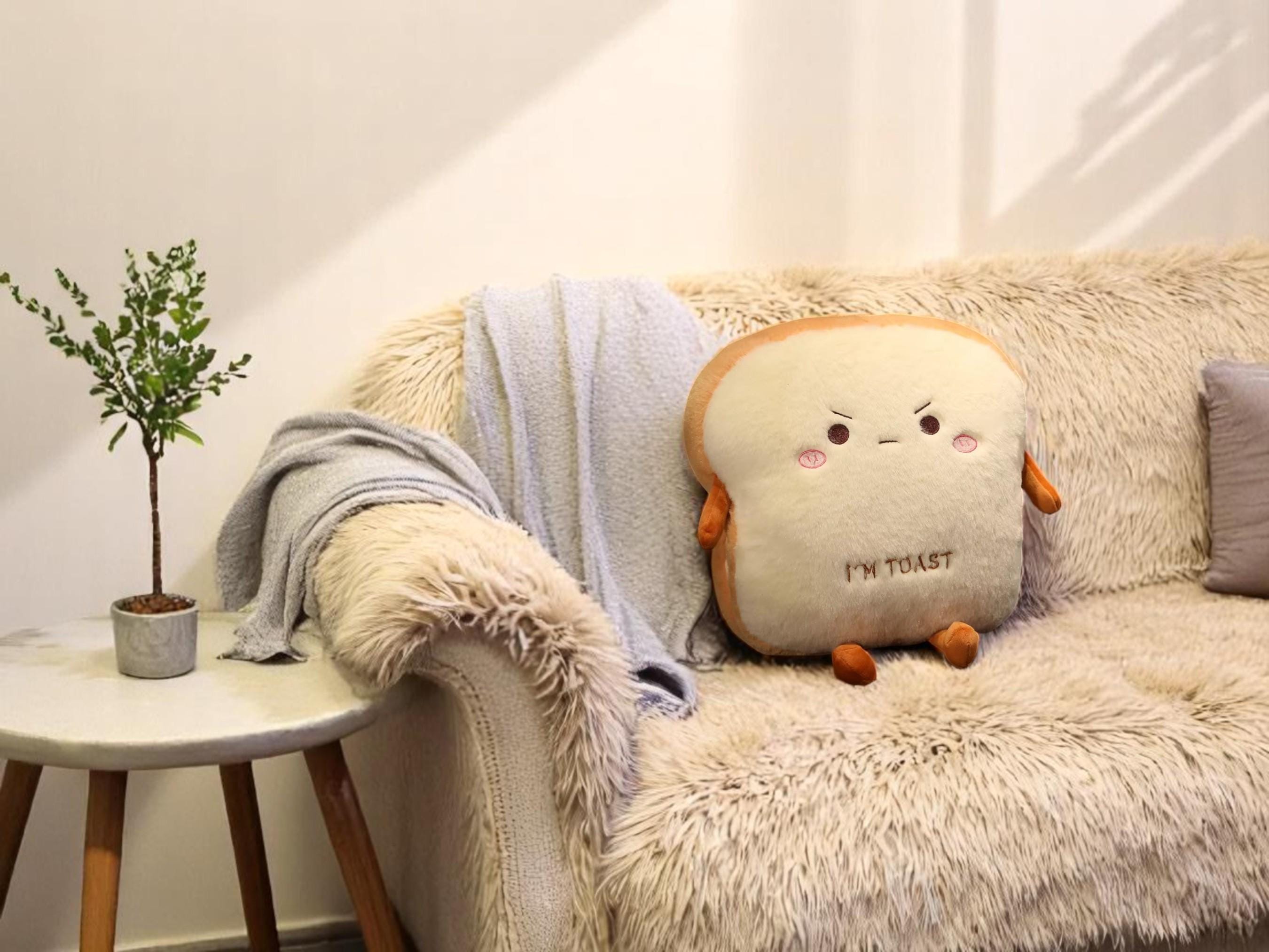Kawaii Toast Plush Pillow, Stuffed Food Cushion, Hand Warmer Pocket, Toy Gift for Kids