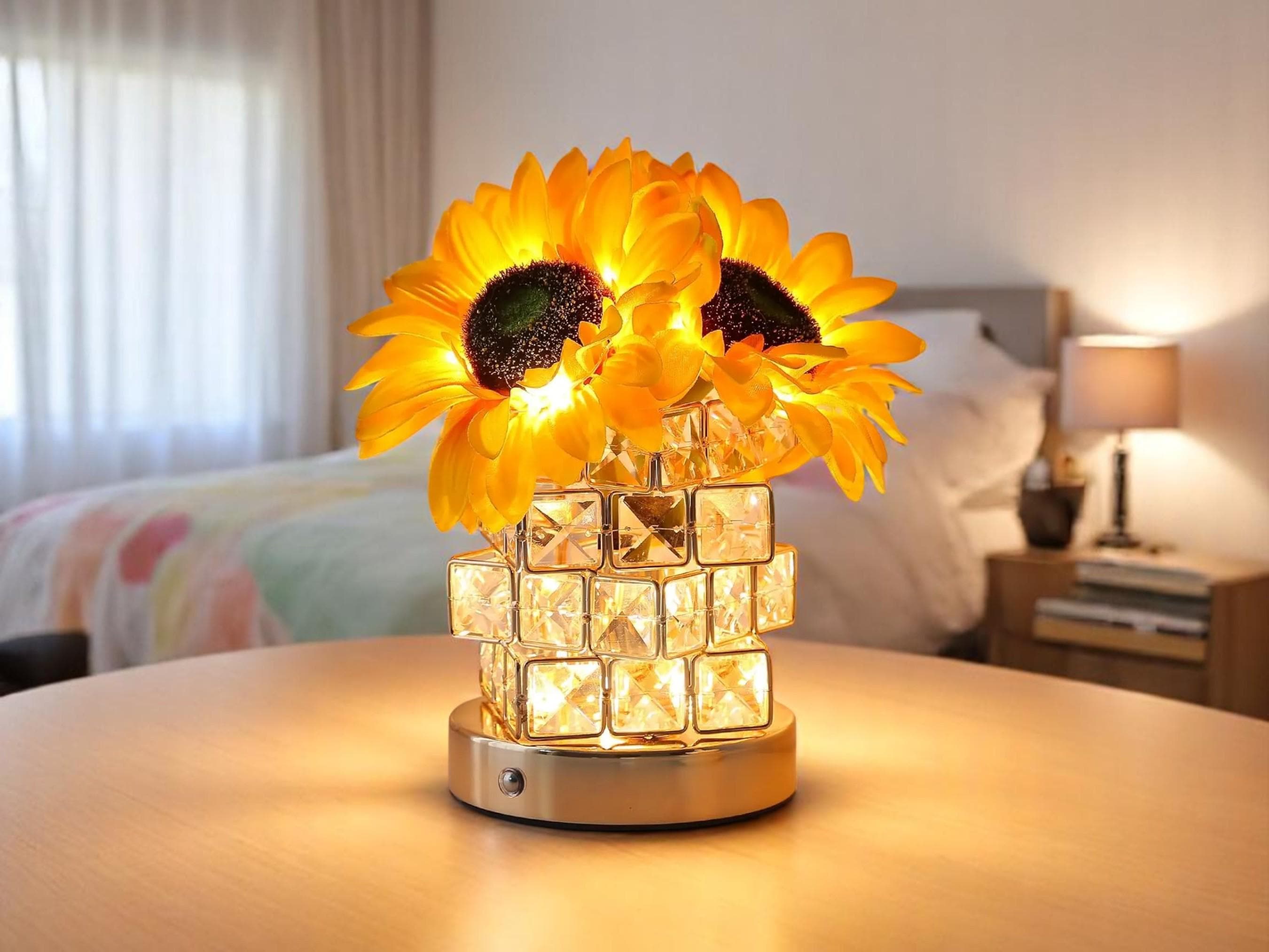 Crystal Flower Table Lamp, Elegant Bedside Night Light, Modern Bedroom Decor