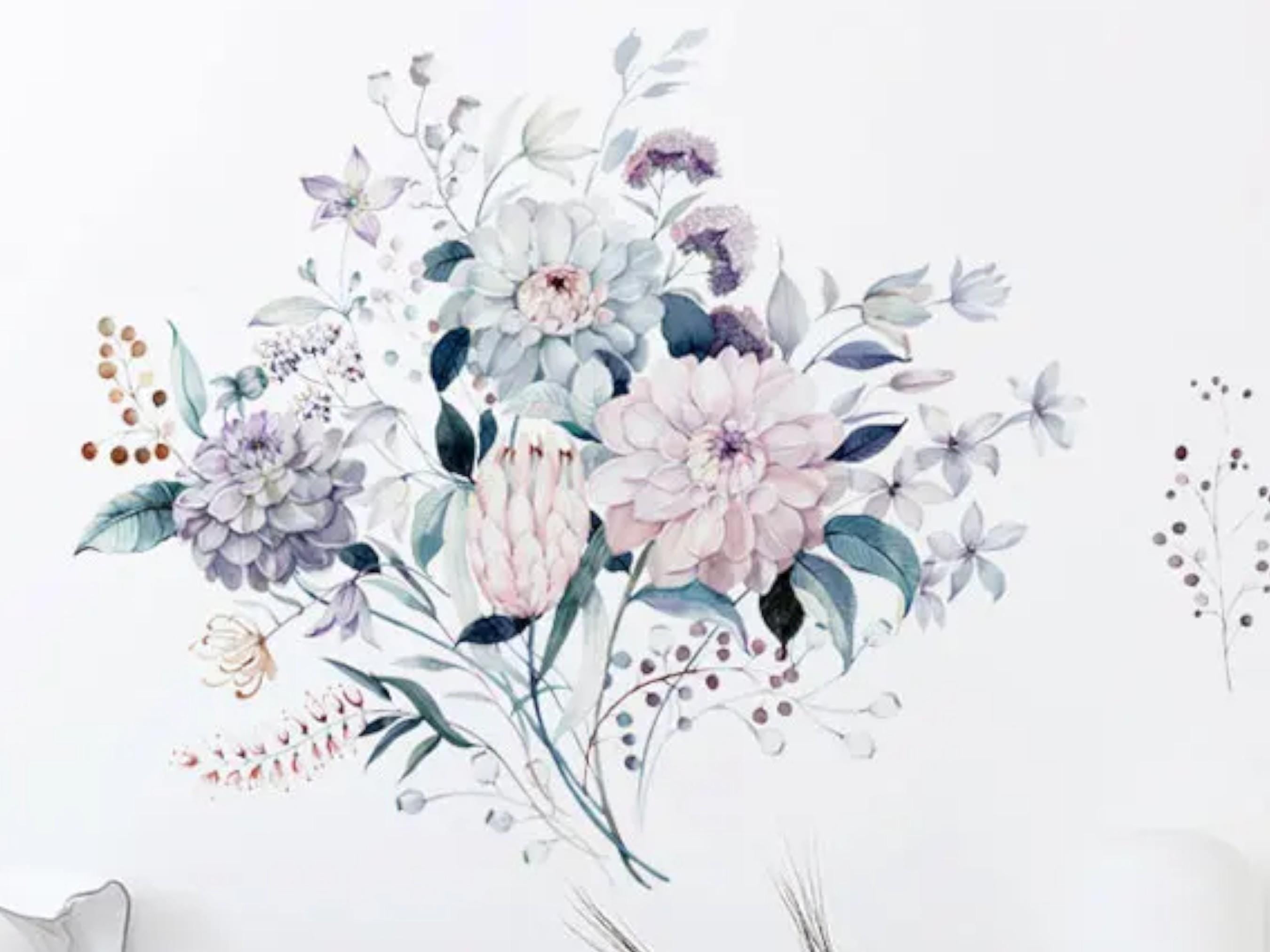 Watercolor Floral Wall Decals, Pastel Flower Mural for Living Room, Boho Nursery Decor