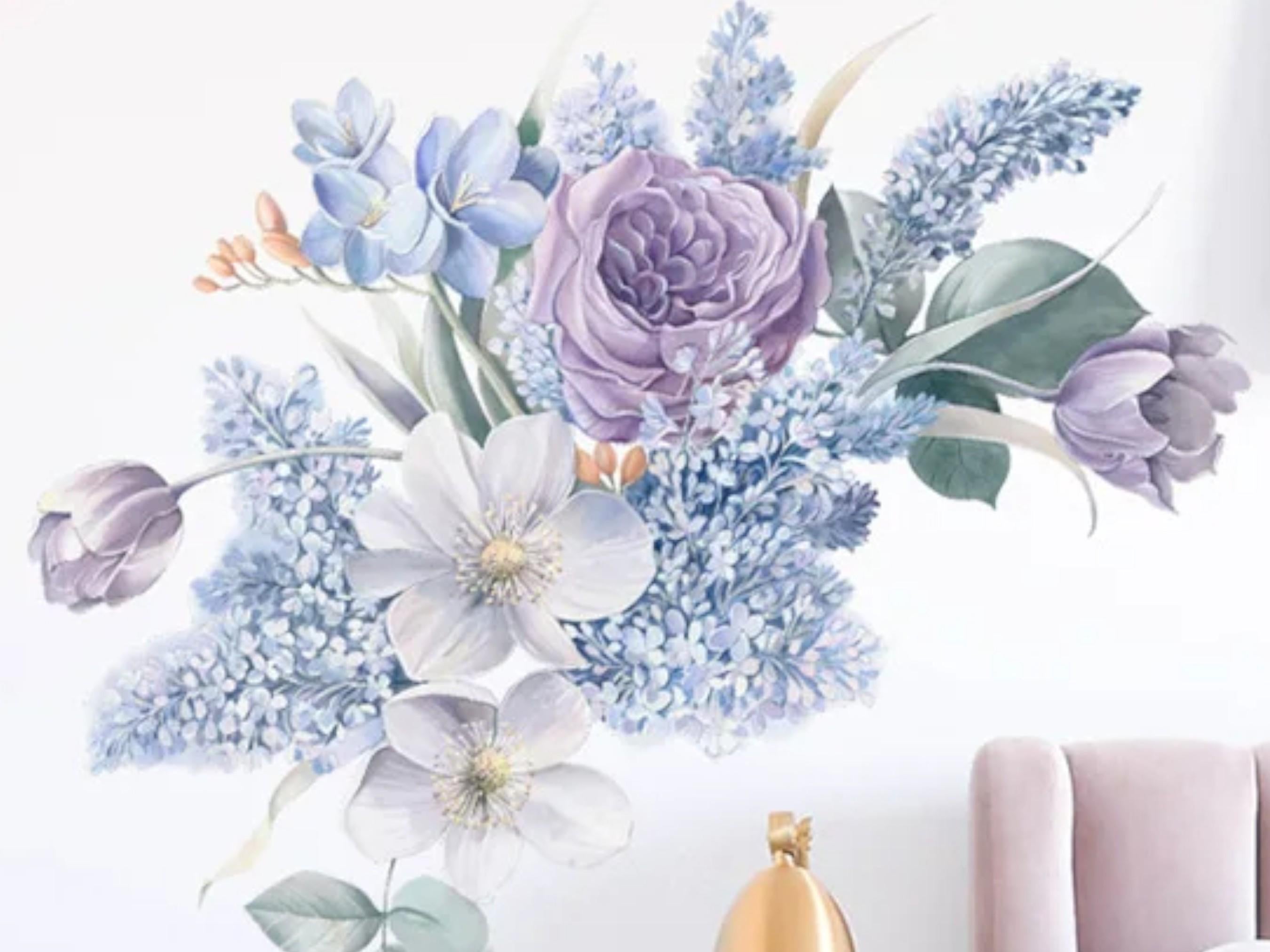 Watercolor Floral Wall Decals, Pastel Flower Mural for Living Room, Boho Nursery Decor