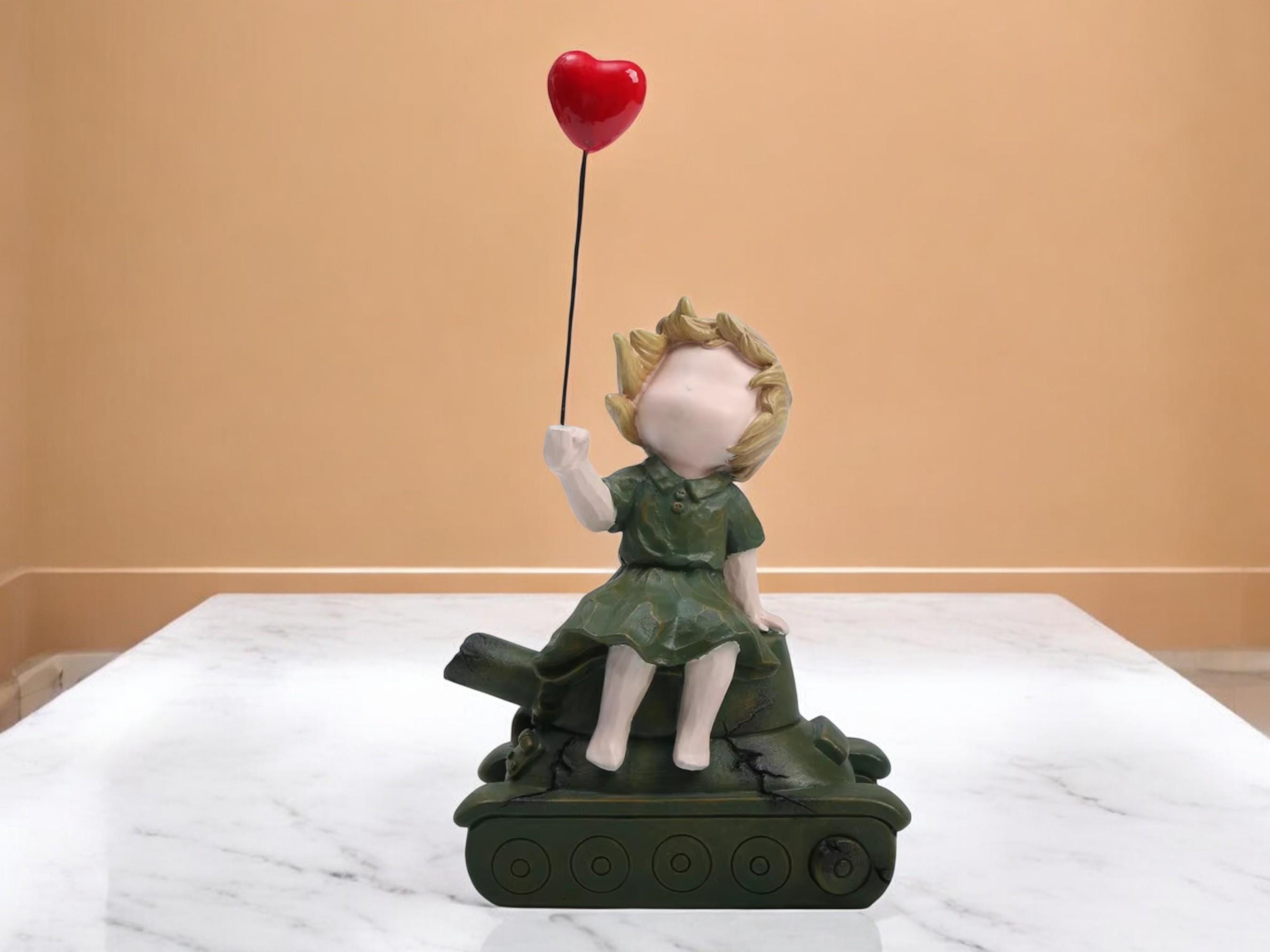 Modern Resin Figurine, Child on Tank Peace Sculpture, Minimalist Art Home Decor