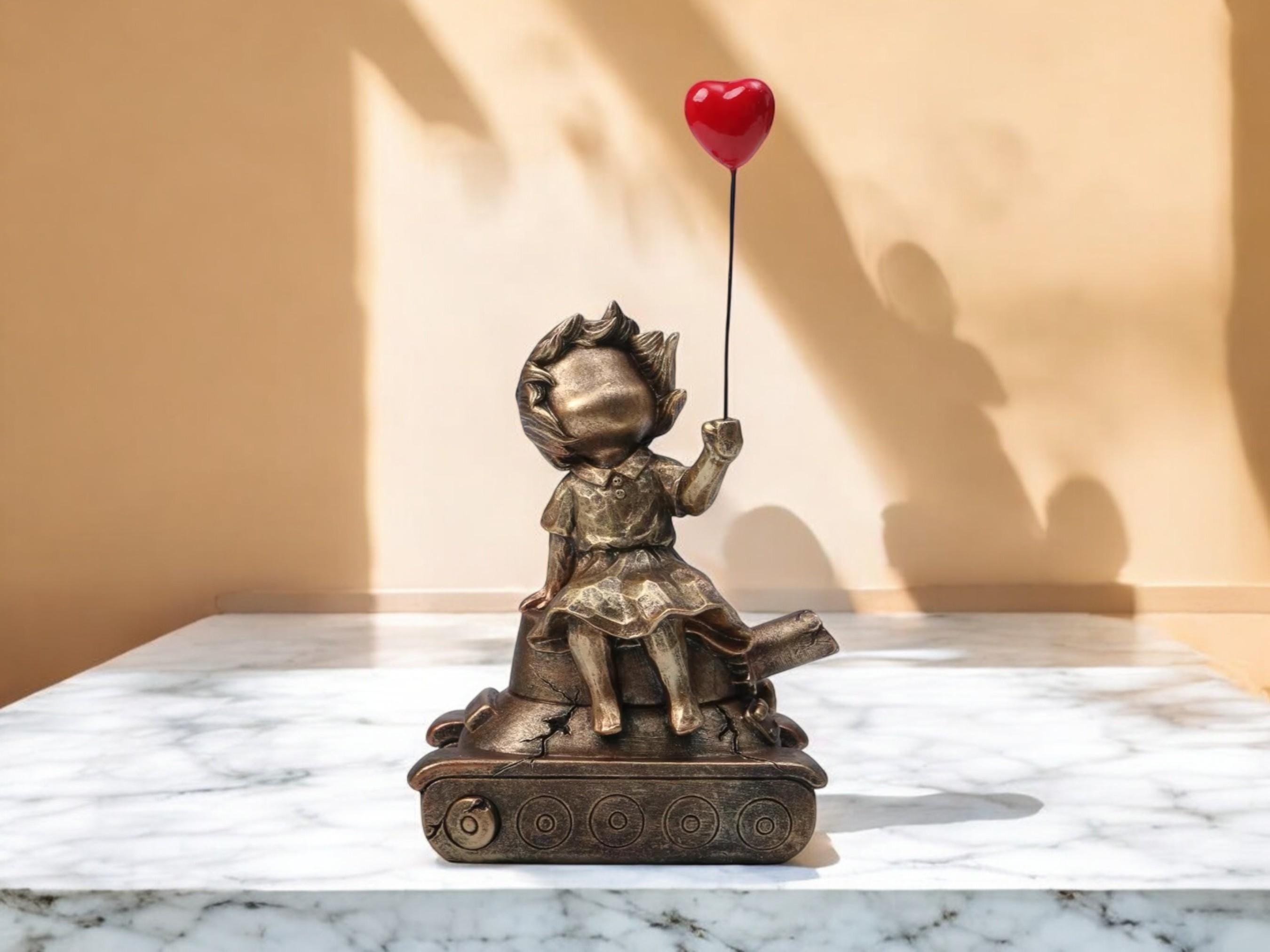 Modern Resin Figurine, Child on Tank Peace Sculpture, Minimalist Art Home Decor