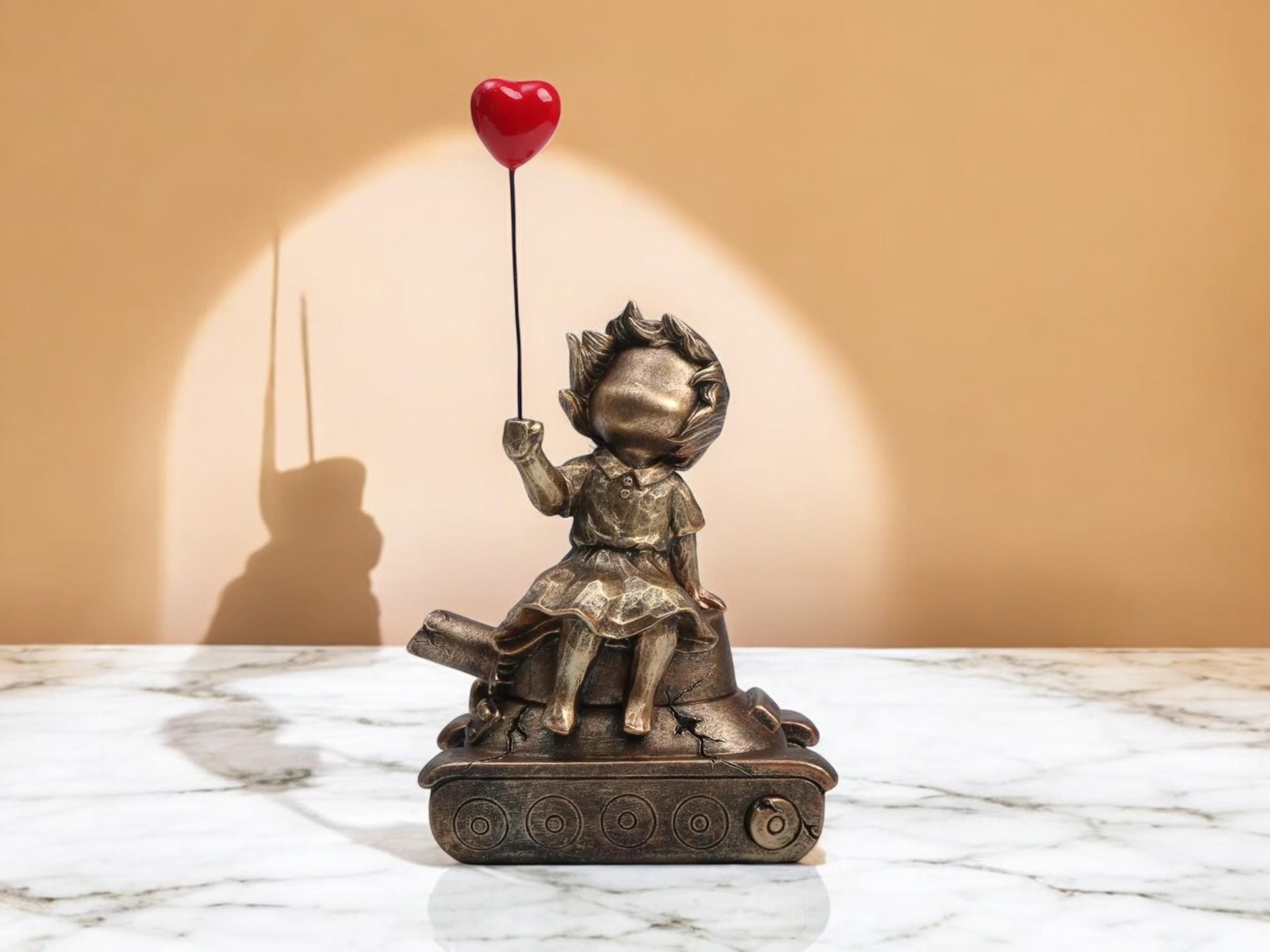 Modern Resin Figurine, Child on Tank Peace Sculpture, Minimalist Art Home Decor