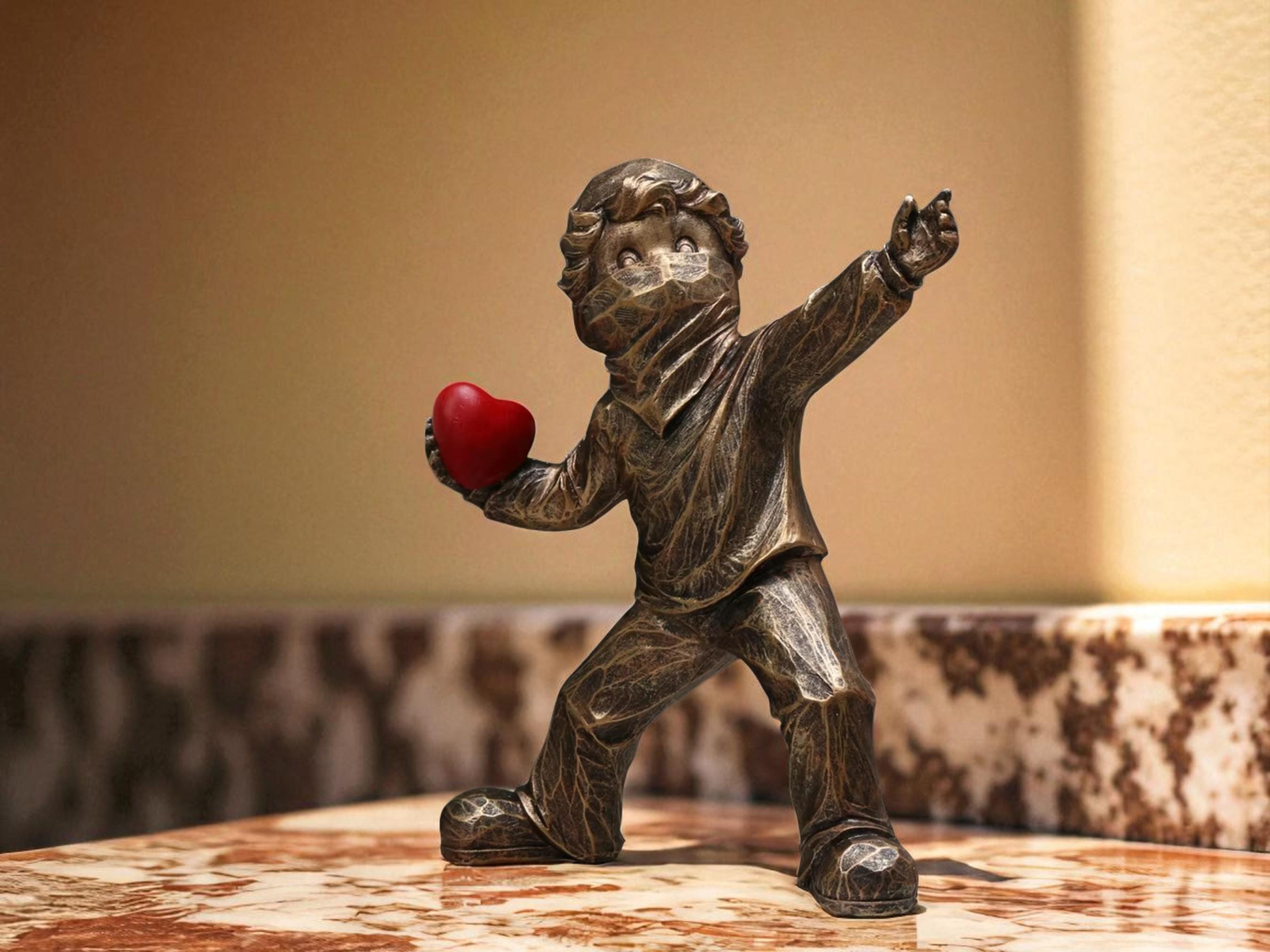 Resin Art Sculpture, Love Figurine, Masked Child with Heart Modern Home Decor