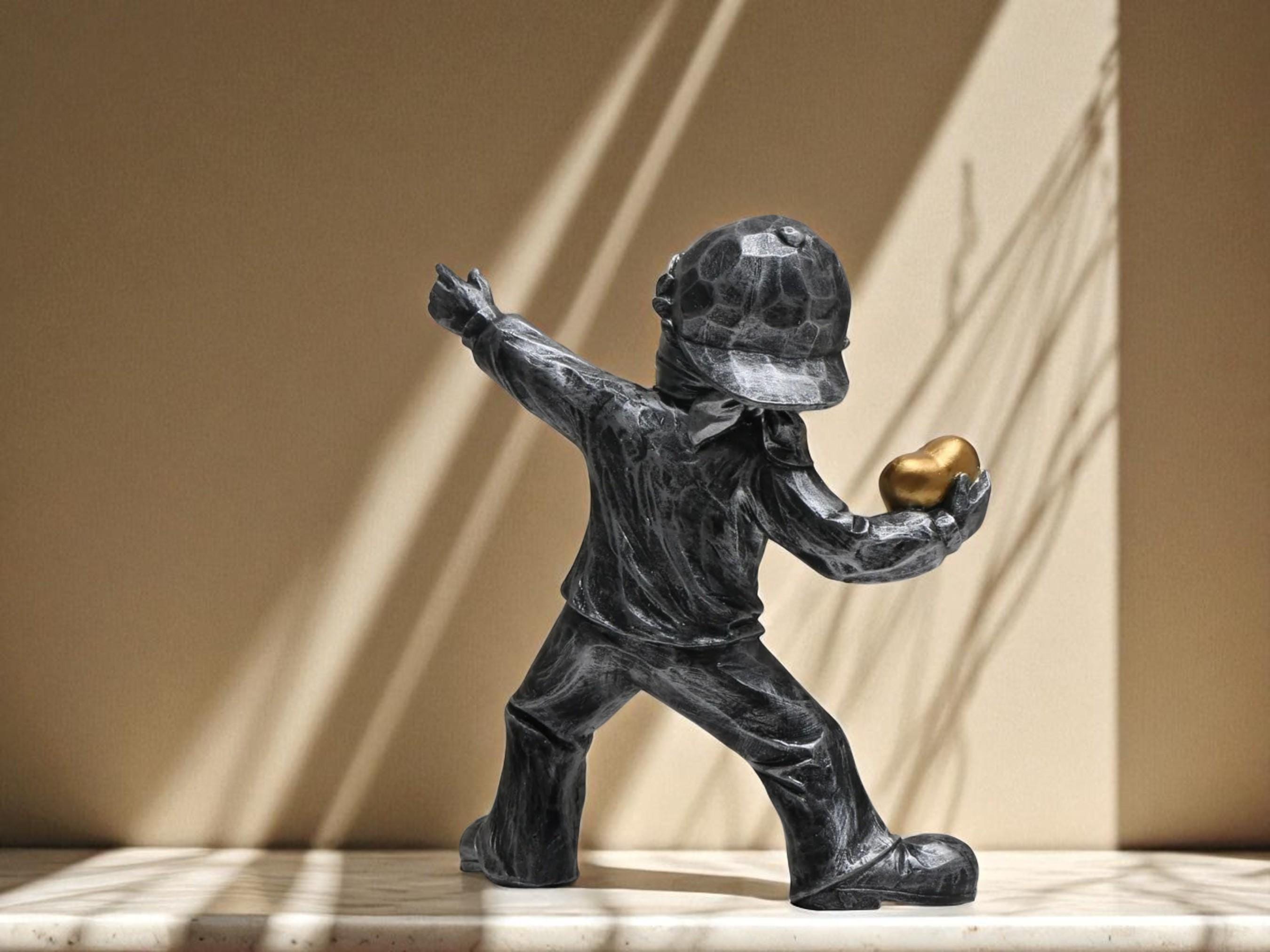 Resin Art Sculpture, Love Figurine, Masked Child with Heart Modern Home Decor