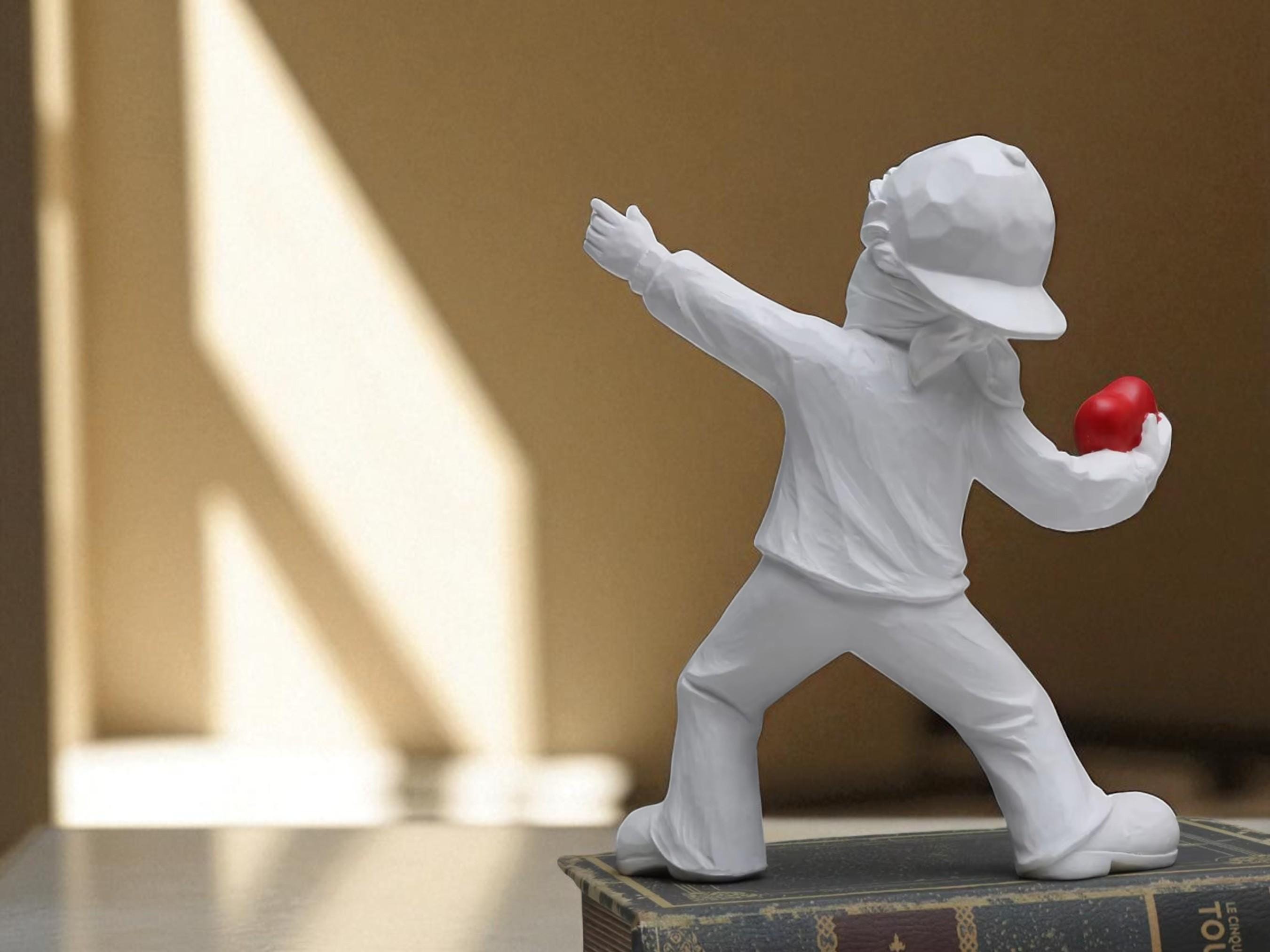 Resin Art Sculpture, Love Figurine, Masked Child with Heart Modern Home Decor