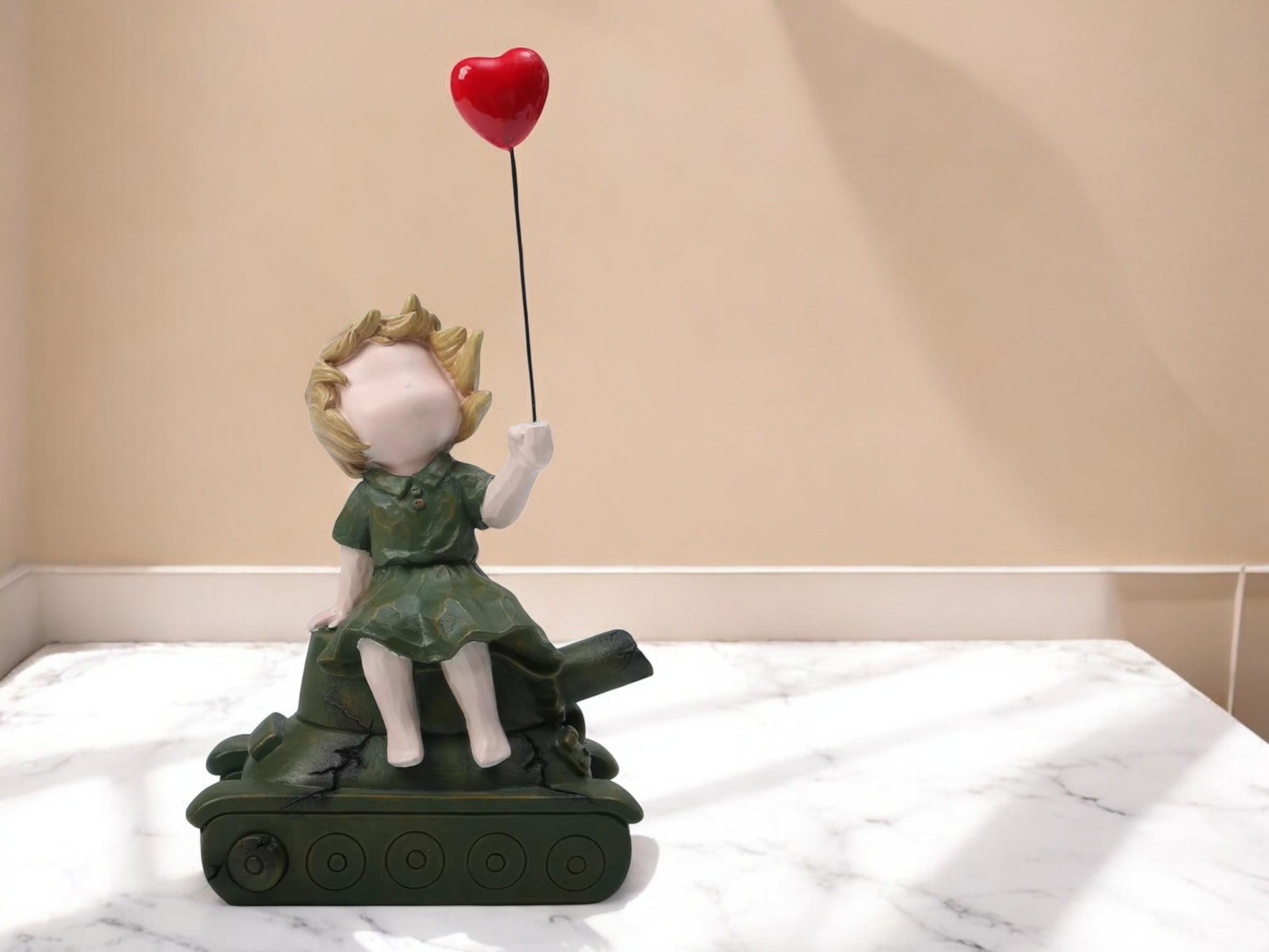 Modern Resin Figurine, Child on Tank Peace Sculpture, Minimalist Art Home Decor
