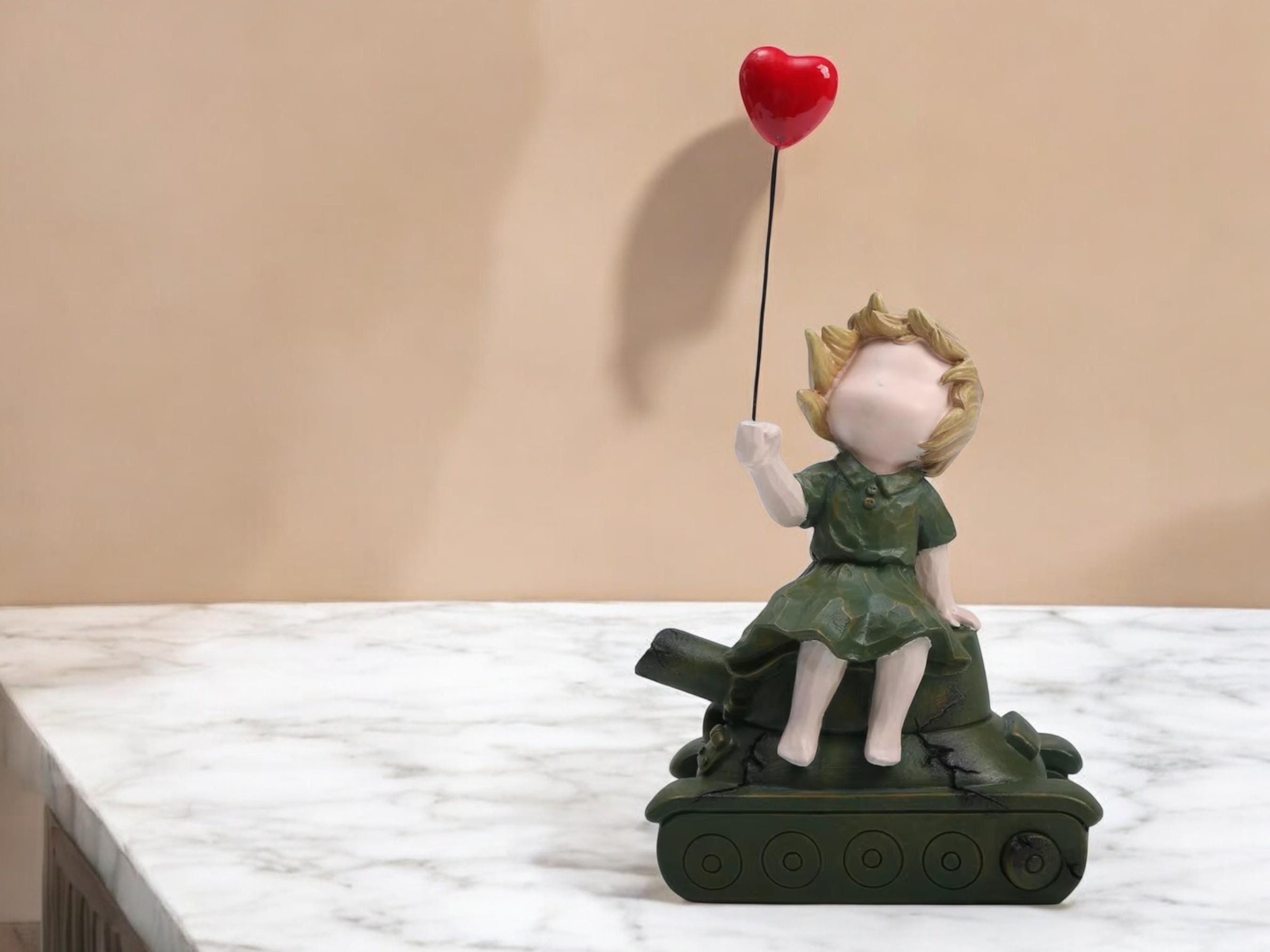 Modern Resin Figurine, Child on Tank Peace Sculpture, Minimalist Art Home Decor