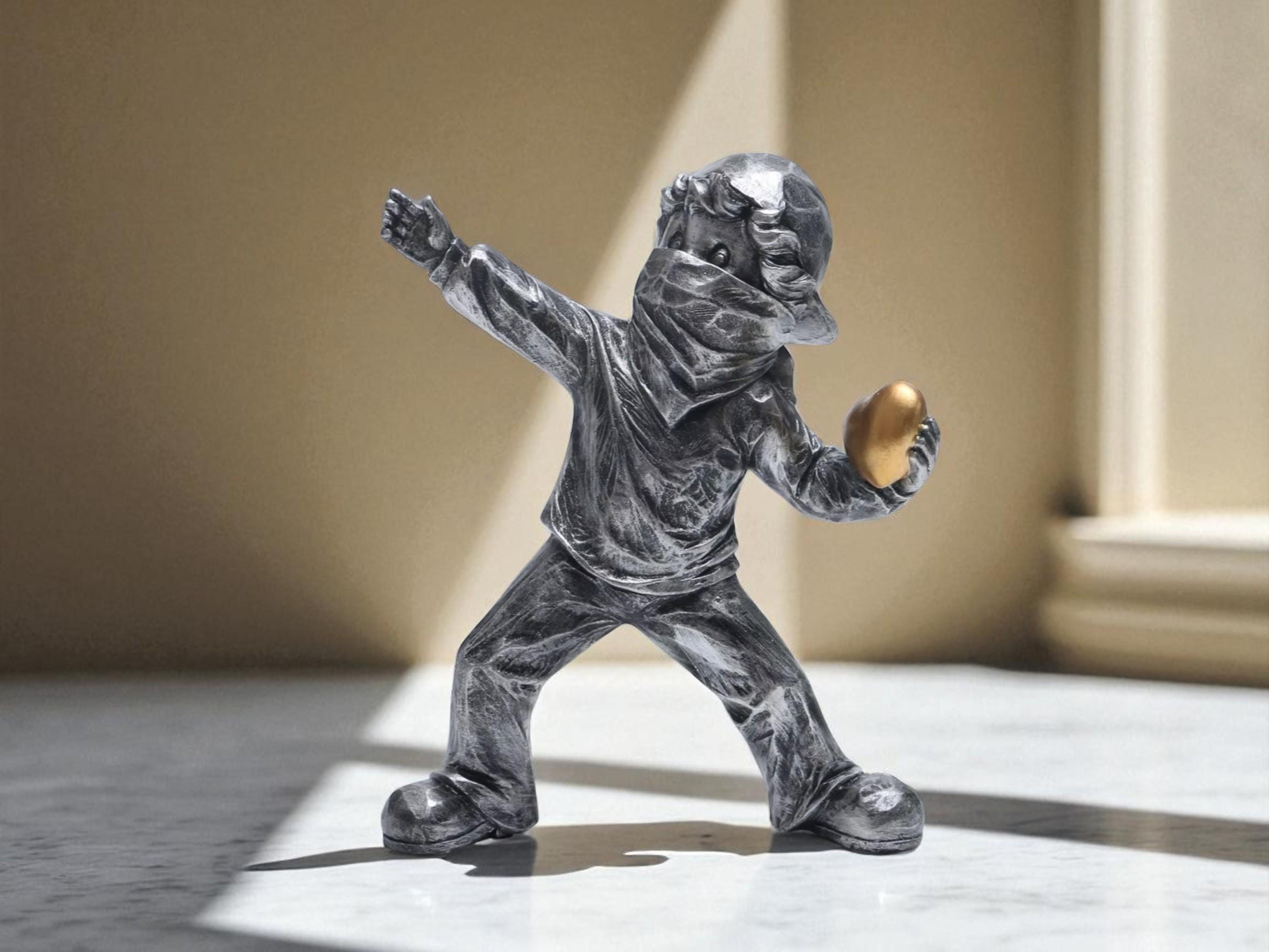 Resin Art Sculpture, Love Figurine, Masked Child with Heart Modern Home Decor