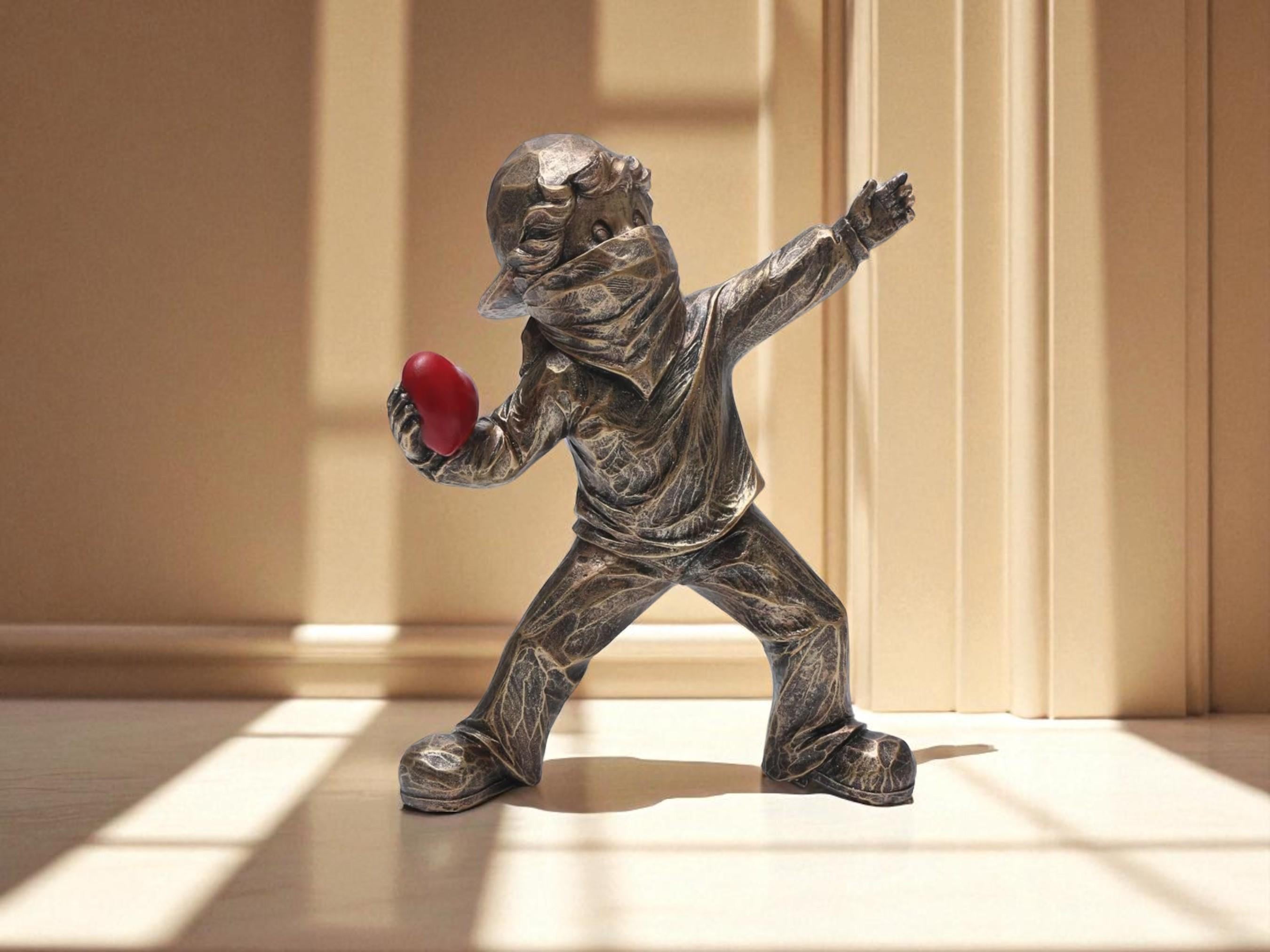 Resin Art Sculpture, Love Figurine, Masked Child with Heart Modern Home Decor