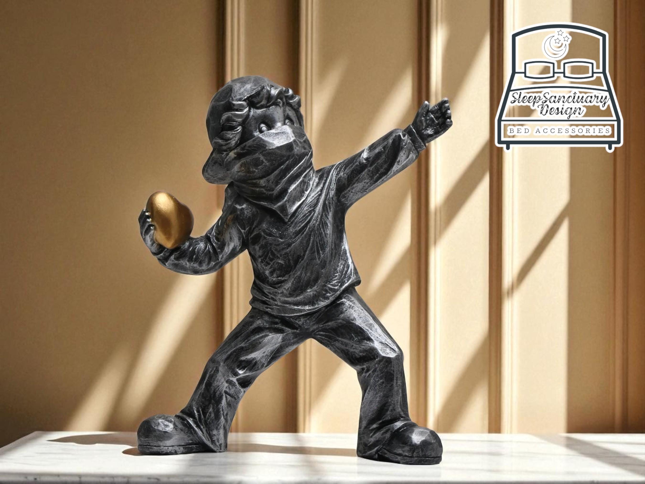 Resin Art Sculpture, Love Figurine, Masked Child with Heart Modern Home Decor